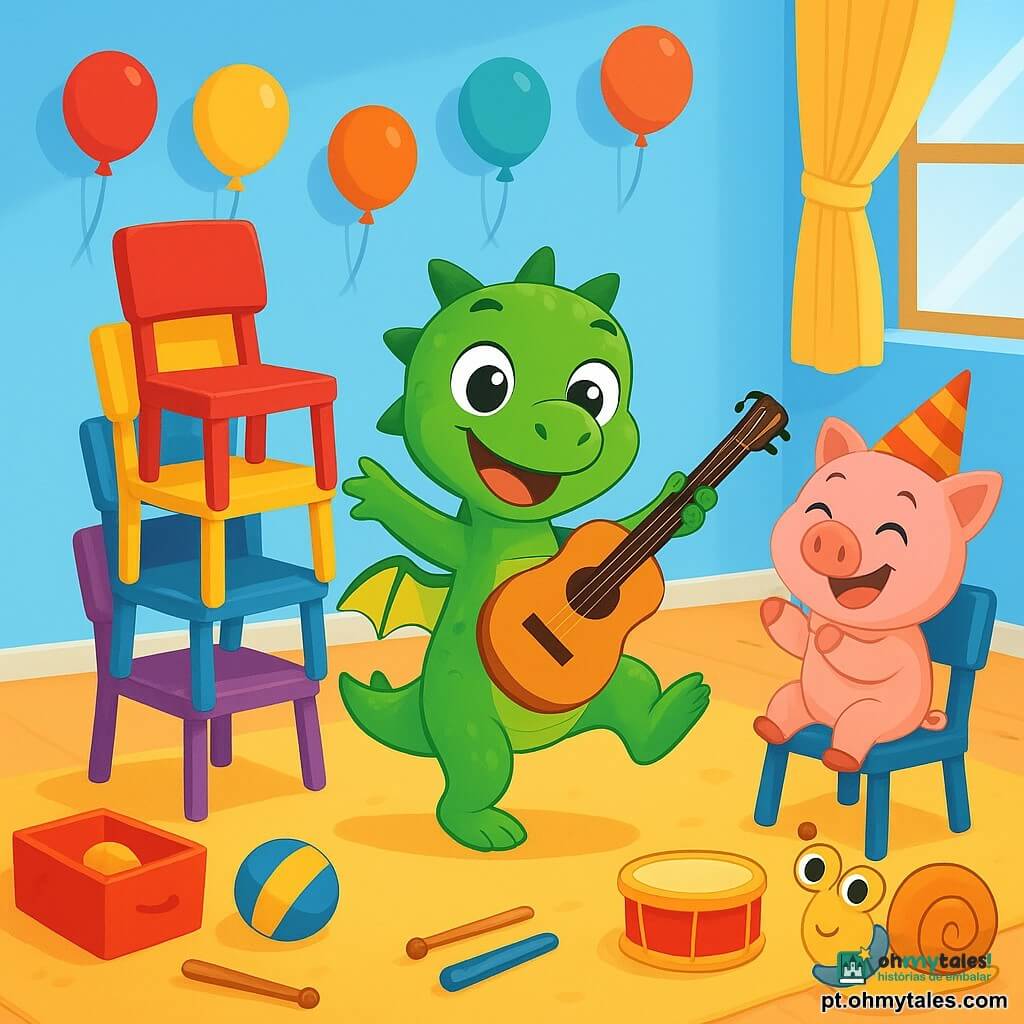 Um pequeno dragão verde com escamas brilhantes e olhos cheios de curiosidade, Pipo, está no centro da cena, com um grande sorriso entusiasmado no rosto. Ele dança alegremente ao redor de uma pilha de cadeiras coloridas, suas pequenas asas abertas, pronto para o desafio de empilhar as cadeiras até o teto. Ao lado dele, uma salamandra roxa com óculos de sol e uma guitarra a tiracolo sorri, batendo palmas ao ritmo da música. Um travesso porquinho rosa, com um chapéu de festa, está sentado em uma cadeira, rindo alto, enquanto um caracol amarelo, com um lenço, se move lentamente, observando a cena com olhos maravilhados. O local é uma sala polivalente iluminada, cheia de cores vibrantes: paredes pintadas de azul céu, balões pendurados no teto e um grande tapete macio no chão. Brinquedos e instrumentos musicais estão espalhados, criando uma atmosfera alegre e lúdica. A cena principal mostra Pipo e seus amigos em ação, tentando empilhar as cadeiras de forma divertida e criativa, com risadas e incentivos no ar.