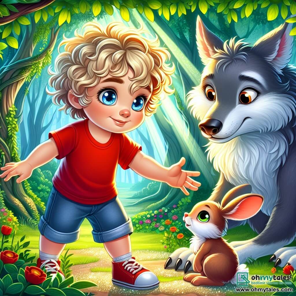 A 3-year-old boy with sparkling blue eyes and curly blonde hair stands at the center of the scene, displaying a brave and determined smile. He wears a red t-shirt and denim shorts, reaching out to a little rabbit with big ears, who looks a bit scared but grateful. Next to them, the Big Bad Wolf, with gray fur and mischievous eyes, stands slightly back, showing a look of surprise and sadness, as if realizing he can be a friend. He has a large stature with visible claws, but his gaze is softened by the twilight light. The scene takes place in an enchanted forest, where tall trees with thick trunks and shiny green leaves create a natural canopy. Sunlight filters through the branches, illuminating the ground sprinkled with colorful flowers and small sparkling stones. The main situation shows the boy and the rabbit united in their quest to find the rabbit's family, while the wolf, though large and imposing, begins to understand the importance of friendship and kindness.