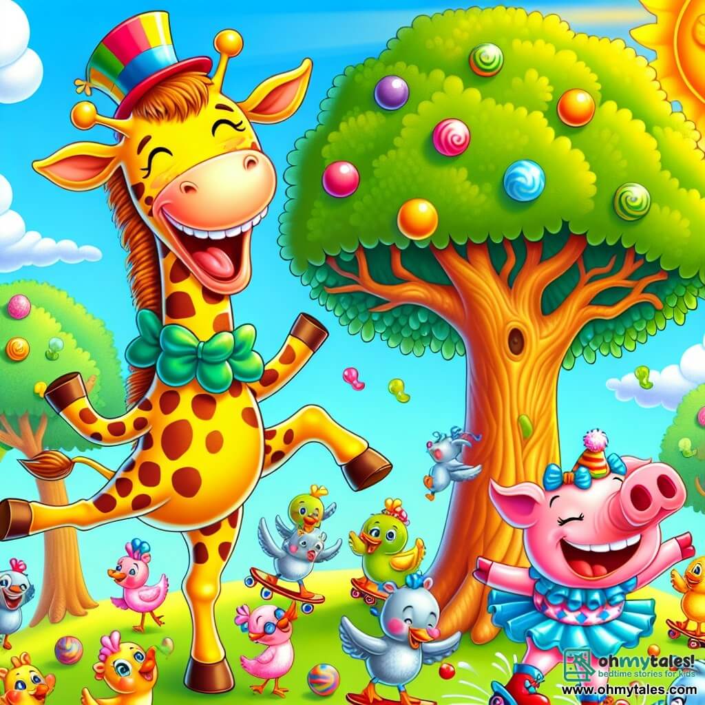A joyful giraffe with a long spotted neck and a big smile, wearing a colorful hat, dances amusingly, her legs kicking in the air. Next to her, a small pink pig, dressed in a blue tutu and a red clown nose, laughs while trying to imitate her, his rosy cheeks shining with happiness. In the background, a large oak tree with bright green leaves stands under a clear blue sky, while colorful animals, like roller-skating ducks and sunny sheep, have fun around them. The scene takes place during the Giggle Games, where all the animals participate in a hilarious dance contest, filling the air with laughter and joy.