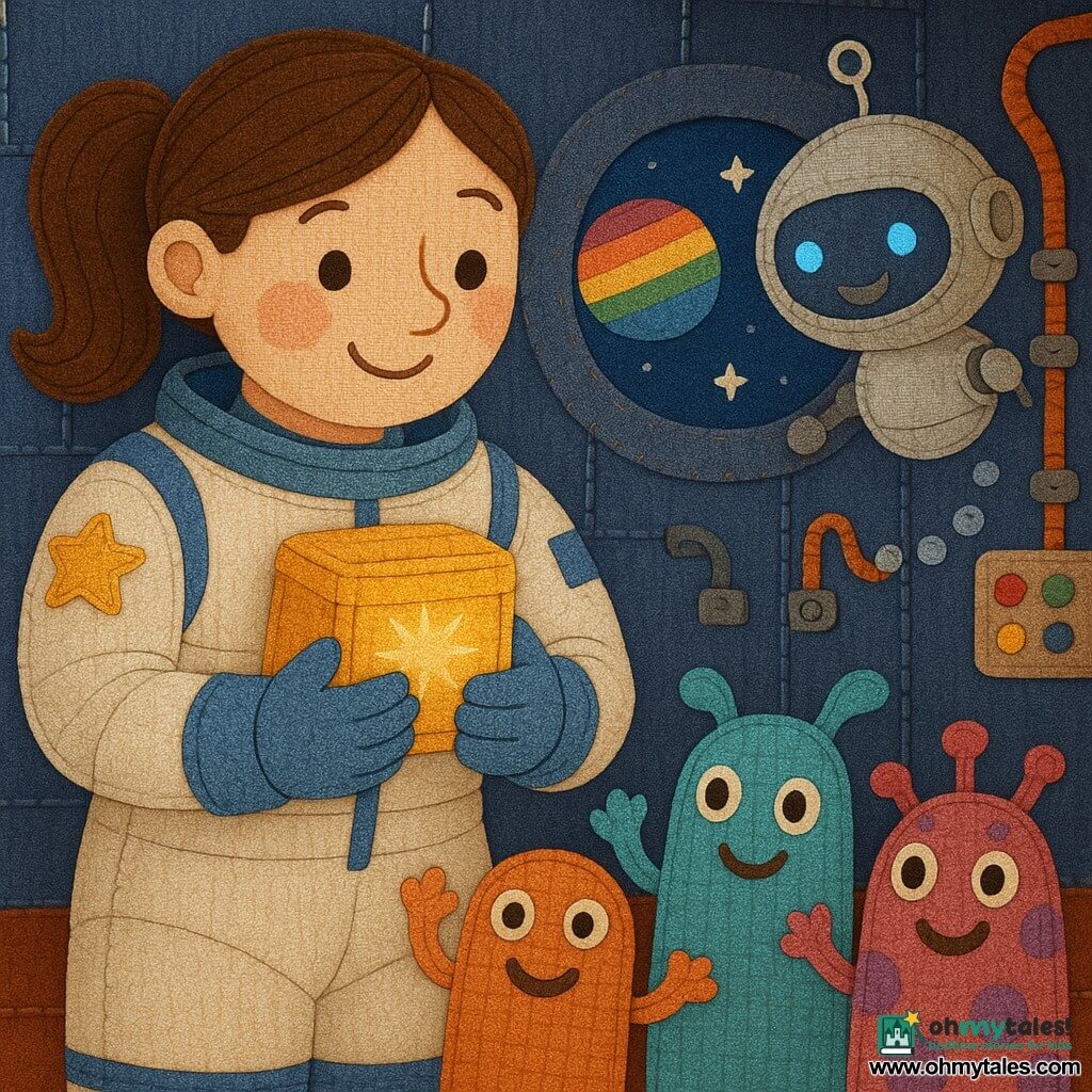 A smiling, gentle female astronaut with a brown ponytail in a white-and-blue spacesuit with star patches and joyful round eyes holds a small glowing golden box to her chest like a treasure; a small round silver companion robot named Astro with blue LED dot eyes floats beside her in small circles, enthusiastic; three friendly colorful patchwork aliens with big eyes and smiles stand on the floor behind her, waving; the warm spaceship interior is crafted like appliqué with indigo stitched panels, a round embroidered porthole showing a rainbow planet and twinkling stars, buttons, cables and ribbons; the scene shows the woman protecting the glowing box while the robot floats nearby and the aliens gather around her, calm happy mood, bright colors and visible fabric textures (felt, cotton, stitchwork).