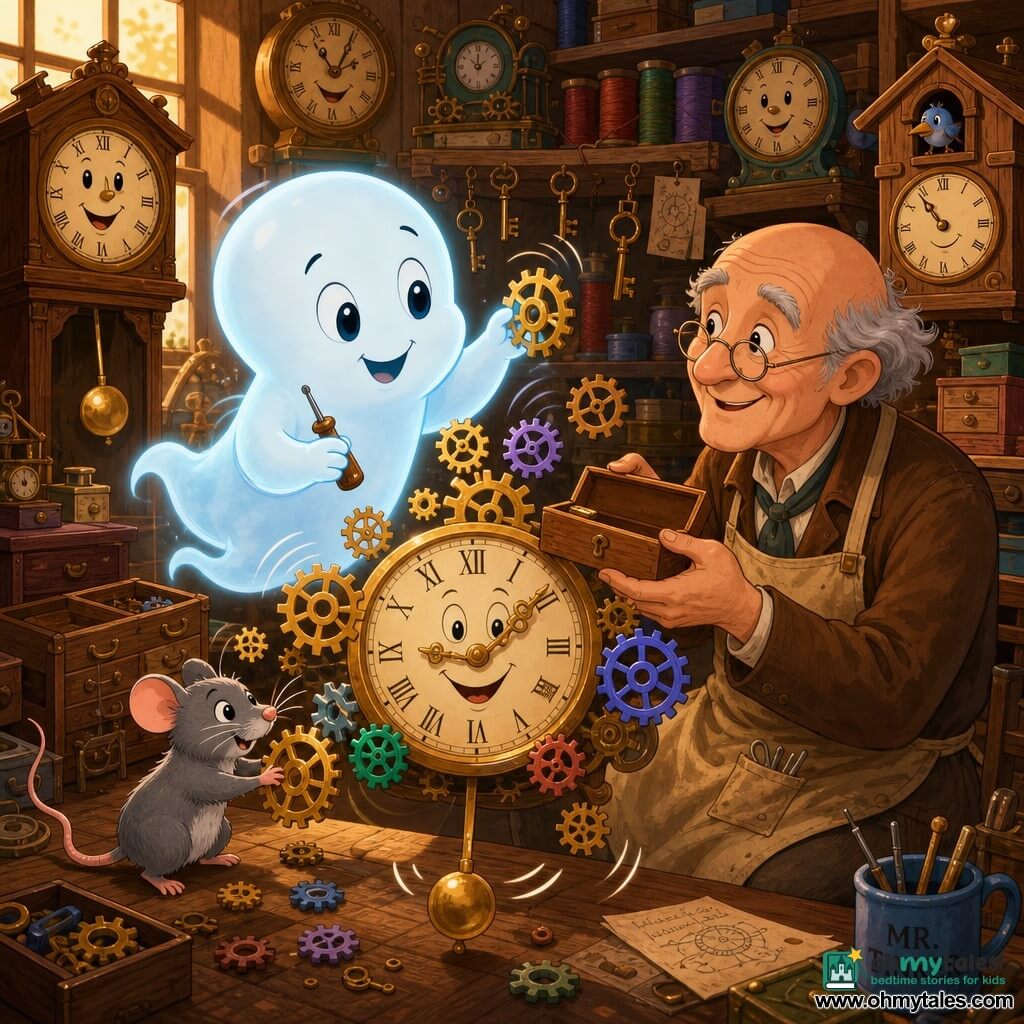 A small translucent bluish ghost named Boo, cheerful and mischievous, floats above a workbench holding a tiny screwdriver and a few tiny gears; Mr. Tinker, a bald 70-year-old watchmaker with round glasses, a brown jacket and dusty apron, sits to the right offering a small wooden box; Squeaky, a tiny gray mouse with bright eyes, stands on the work surface helping push a gear; the warm cluttered workshop has wooden walls, shelves of antique clocks with golden dials, strings, keys and stacked boxes, amber light through a dusty window, and colorful gears whirl around a large smiling dial with a swinging pendulum in a playful, slightly chaotic scene.