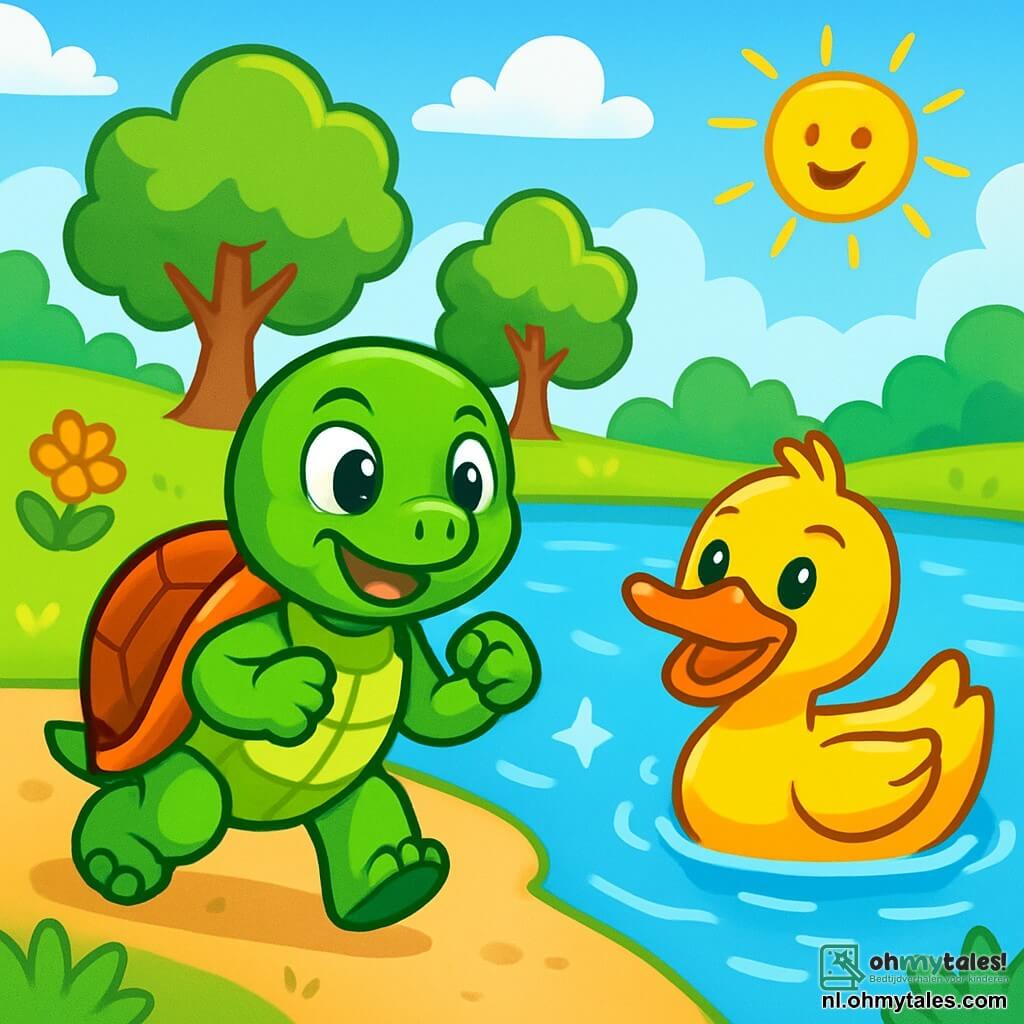 Timmy, een kleine groene schildpad met een glanzende schaal en sprankelende ogen, staat aan de rand van een prachtig glinsterend meer. Hij heeft een vastberaden en blije uitdrukking op zijn gezicht, zijn kleine voorpootjes omhoog alsof hij klaar is om te rennen. Naast hem zwemt Benny, een felgele eend met een oranje snavel en glanzende veren, vrolijk in het water en moedigt hem aan. Hij heeft een brede glimlach, zijn ogen stralen trots voor zijn vriend. Op de achtergrond is het landschap gevuld met groene bomen, kleurrijke bloemen en een stralende blauwe lucht, wat een vrolijke en zonnige sfeer creëert. De scène toont Timmy die op het punt staat deel te nemen aan een race, omringd door zijn vrienden, allemaal enthousiast en klaar om hem te steunen, wat het thema van zelfvertrouwen en vriendschap illustreert.