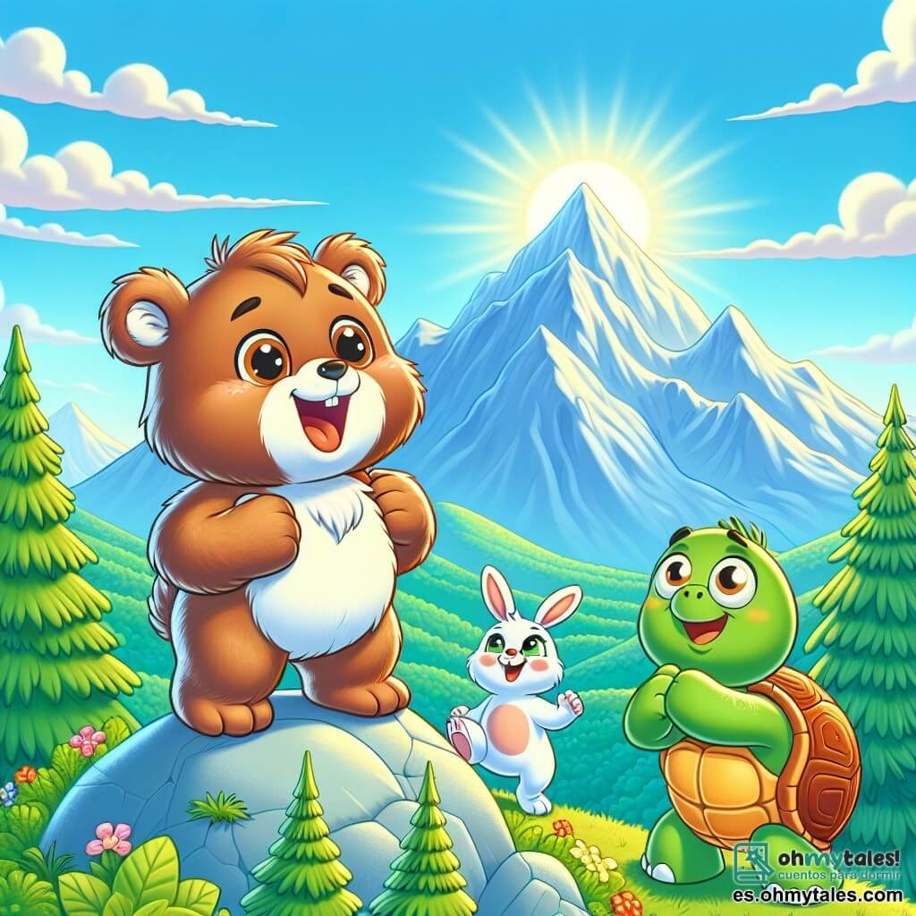 Un pequeño oso marrón llamado Bruno, con un pelaje suave y ojos brillantes de alegría, está en la cima de una montaña, sonriendo con orgullo y emoción. A su lado, un pequeño conejo blanco llamado Rápido, con grandes orejas y una mirada alentadora, salta de alegría, mientras que una tortuga verde llamada Lenta, con un caparazón colorido, aplaude lentamente con una sonrisa cálida, mostrando su apoyo. El paisaje es una hermosa montaña verde, con árboles coloridos y un cielo azul claro salpicado de nubes blancas. Bruno, superando su miedo, celebra su logro de haber escalado la montaña con sus amigos, ilustrando la importancia de la confianza en uno mismo y la amistad en el deporte.