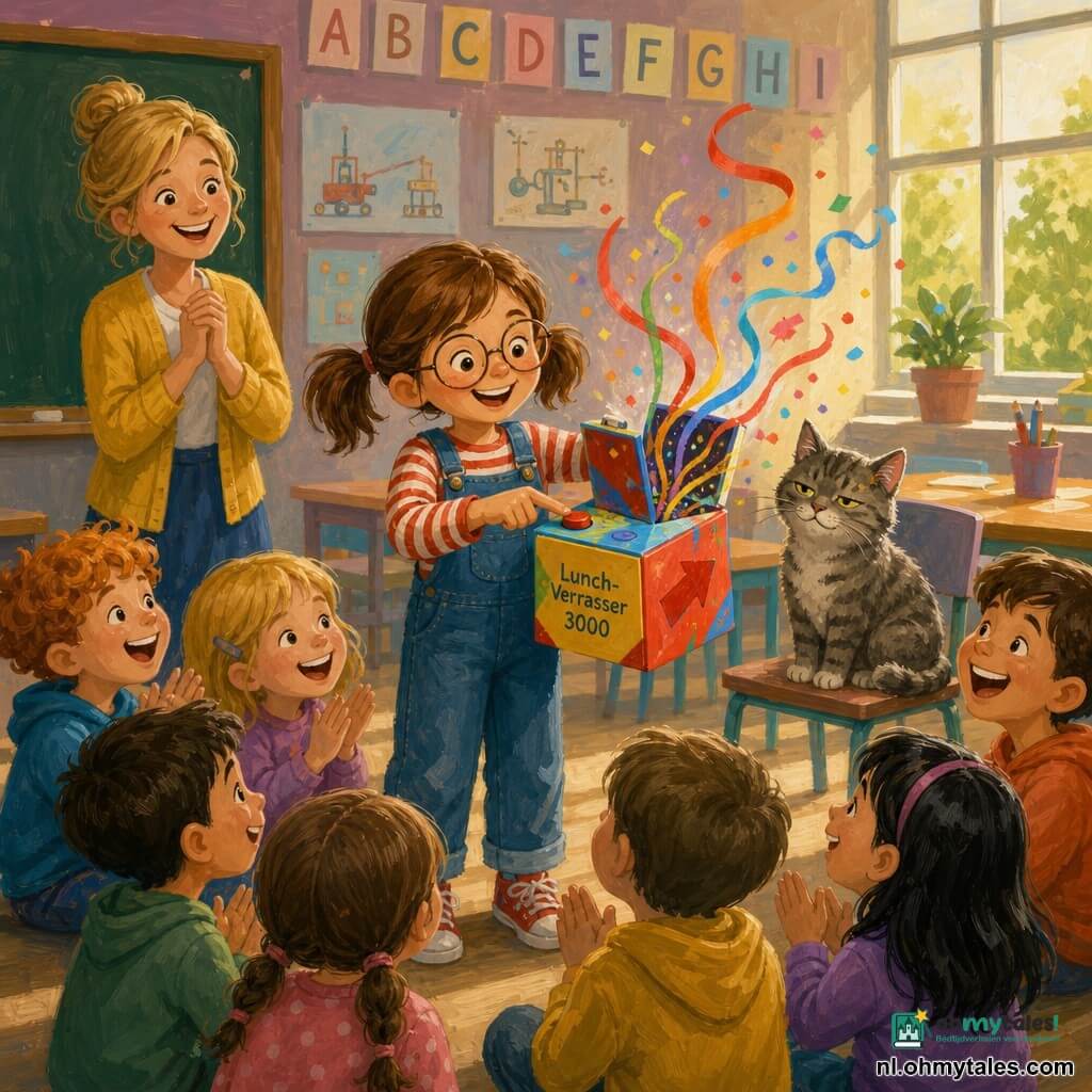 Een meisje van ongeveer 6 jaar, Mila, lacht vastbesloten en vrolijk, bruine couettes, iets te grote ronde bril, houdt een kleine kleurrijke doos "Lunch‑Verrasser 3000" met rode pijlen en drukt op een knop, rechtop en enthousiast; de kat Plof, grijs gestreept met halfgesloten ogen en een chocoladekruimel aan het oor, zit op een stoel bij de tafel en kijkt nieuwsgierig; een juf met blond haar in een knot, handen gevouwen, staat links voor een groen bord en kijkt trots toe; meerdere kinderen (5–7 jaar) zitten in een halve cirkel op de grond, lachen en klappen in kleurrijke kleren; het klaslokaal is licht met alfabetposters, een groot raam dat warm licht binnenlaat, pastelkleurige houten tafels en tekeningen van uitvindingen aan de muur; de doos gaat zacht open en laat meerkleurige papieren slingers en confetti los met een klein "piep", feestelijke, rustige sfeer; felle palette, zachte lijnen, zichtbare dikke acryltextuur, warme contrasten en licht afgeronde contouren voor een kinderlijke, vrolijke uitstraling.