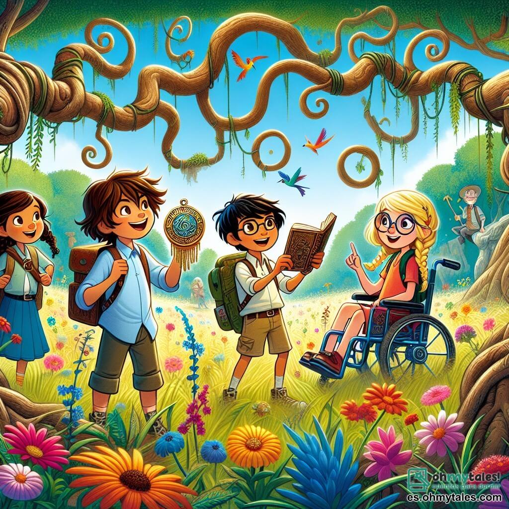 En un viejo parque misterioso, cuatro pequeños aventureros se reúnen. Lucas, un niño de 9 años con el cabello castaño alborotado y ojos brillantes, sostiene un antiguo medallón brillante con emoción. A su lado, Sofía, una niña de 9 años con trenzas rubias y una sonrisa contagiosa, señala un arbusto que se mueve, llena de curiosidad. Javier, un niño de 10 años con gafas y cabello castaño, toma notas en su pequeño cuaderno, observando atentamente a su alrededor. Finalmente, Valeria, una niña de 9 años con cabello rizado y piel caramelo, sonríe alegremente desde su colorida silla de ruedas, rodeada de flores silvestres. El parque está lleno de grandes árboles con troncos retorcidos, flores brillantes y hierbas altas que bailan al viento. Un cielo azul brillante sobrevuela esta escena encantada, mientras aves coloridas vuelan sobre los niños. Los cuatro amigos acaban de descubrir un misterioso medallón en el corazón del parque y están a punto de embarcarse en una aventura mágica, listos para explorar los secretos que este mundo oculto tiene para ofrecer.