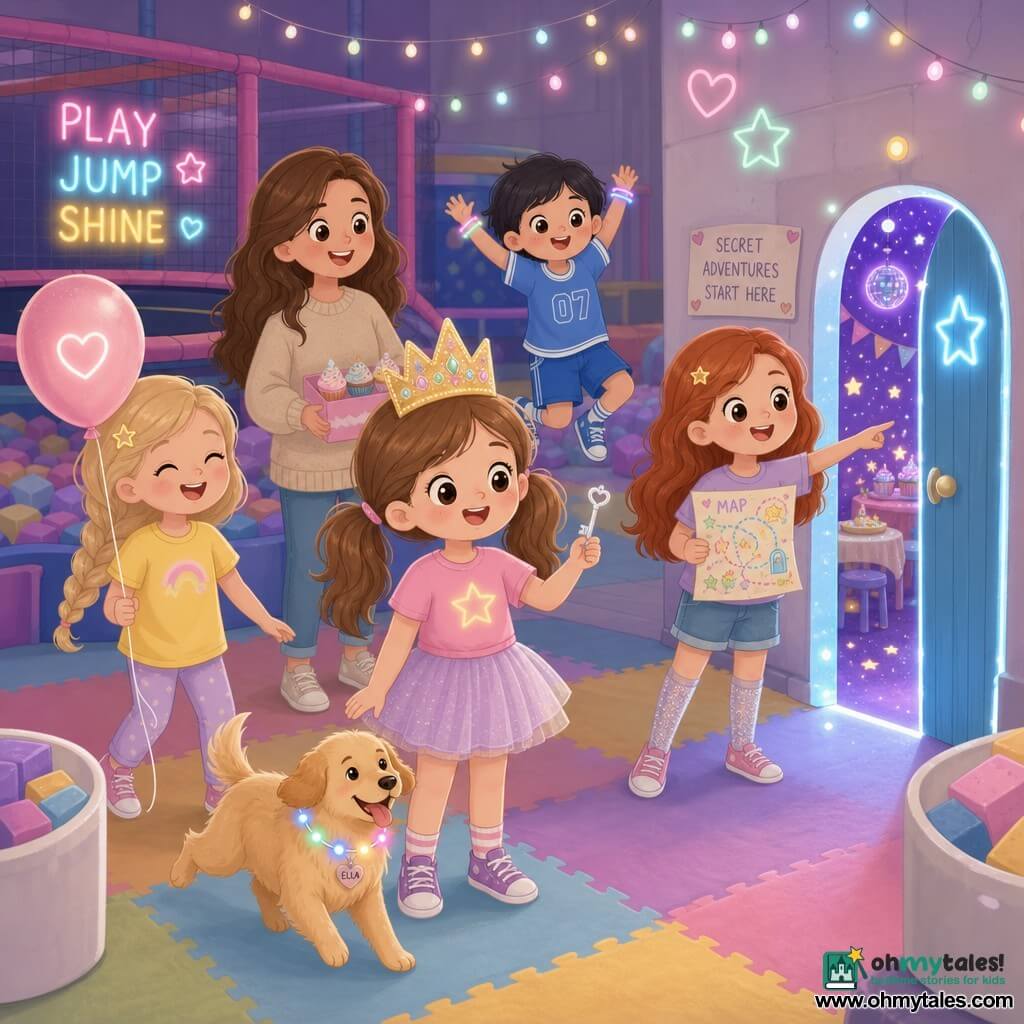 An 8-year-old girl, delighted with brown pigtails and a glitter paper crown, stands center smiling and holding a small silver key; to her left a ~9-year-old blonde with a braid in a yellow T-shirt laughs while holding a pink balloon; behind her a ~8–9-year-old with short black hair in blue sportswear and LED bracelets jumps slightly; a ~10-year-old redhead in glitter socks holds a colorful card and points to a small glowing door on the right; a mother with loose brown hair in a cozy outfit smiles and offers a box of cupcakes behind the group; a golden dog named Ella with a floppy ear and tongue out wears string lights and trots near the main girl's feet; setting: indoor trampoline and play area with colorful foam floor, pastel neon lights, white foam pits, hanging LED garlands and a small glowing blue door at the back; scene: the children discover a secret door opening onto a mini starry party room — joyful mood, warm colors, soft contrasts, centered composition, dim lighting with bright points.