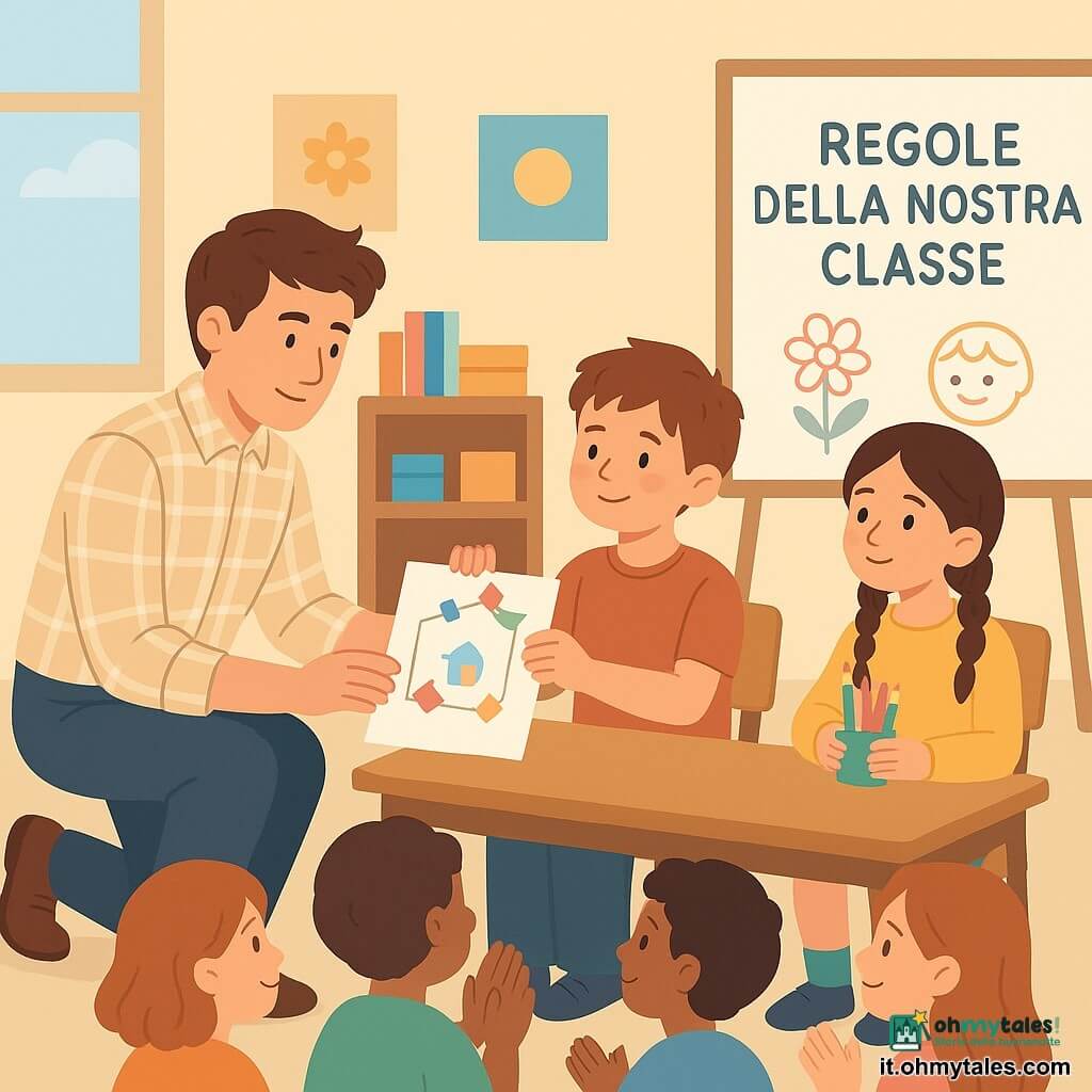 Un insegnante dall'aspetto dolce e sorridente ma sguardo deciso, capelli castani un po' arruffati, in camicia a quadri chiara, inginocchiato e che porge delicatamente un foglio riparato con nastro adesivo colorato; un ragazzo di circa 7 anni, Luca, capelli corti castani, volto arrossato ma sereno, seduto accanto all'insegnante con la mano sul banco, mostra il foglio con orgoglio; una bambina di circa 7 anni, Martina, capelli lunghi intrecciati, occhi attenti e sorriso timido, tiene una scatola di matite e osserva il foglio dall'altro lato; altri bambini (5–8 anni) formano un piccolo cerchio seduti per terra e applaudono piano, abbigliamento colorato; l'aula è luminosa con grandi finestre, poster colorati, scaffale con libri e giochi e un grande cavalletto con un foglio intitolato Regole della nostra classe e disegni infantili; momento calmo e caldo di cooperazione mentre l'insegnante guida la riparazione di un disegno strappato, gesti teneri e colori pastello.