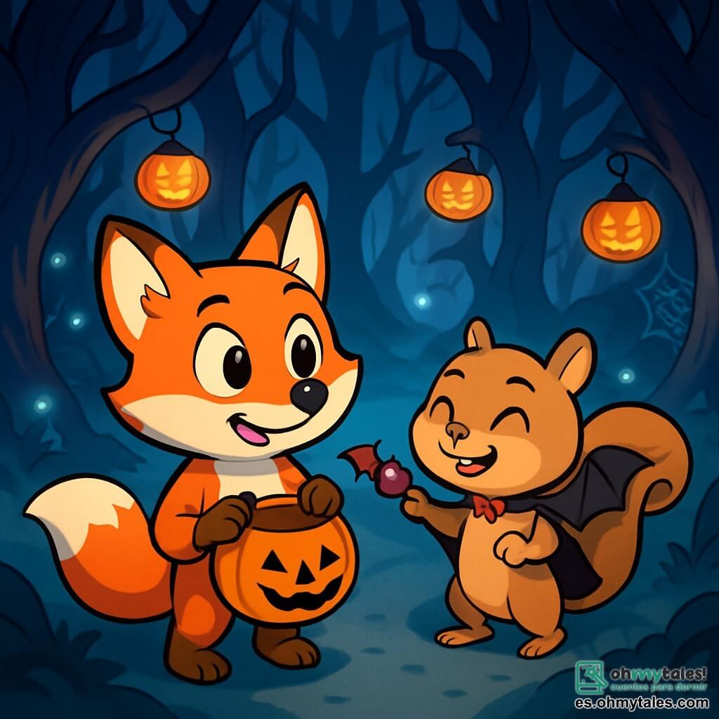 Fito el zorro, con su pelaje naranja brillante y sus grandes ojos llenos de emoción, sostiene una calabaza vacía entre sus patas. Sonríe con determinación, listo para salir a buscar caramelos en la noche de Halloween. Sisi, la pequeña ardilla disfrazada de vampiro, está a su lado, con pequeñas alas negras y una sonrisa traviesa, ofreciéndole una gominola en forma de murciélago. Ella parece alegre y juguetona, lista para acompañarlo en su aventura. El escenario es el misterioso Bosque Susurrante, lleno de árboles con troncos torcidos y ramas que parecen susurrar. La luz de las luciérnagas azules ilumina el camino, mientras una ligera neblina flota cerca del suelo, creando una atmósfera mágica y un poco aterradora. La situación principal muestra a Fito y Sisi frente a tres caminos diferentes, cada uno decorado con linternas en forma de calabaza y telarañas brillantes. Fito, con una mirada curiosa, duda sobre qué camino elegir para comenzar su búsqueda de caramelos.