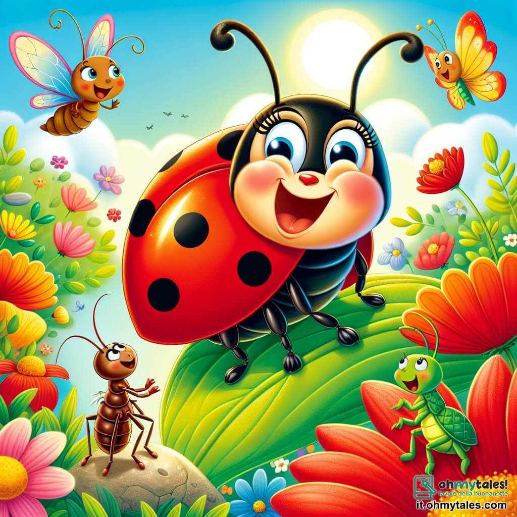 Una coccinella gioiosa, di nome Lella, con un corpo rosso vivo punteggiato di piccoli punti neri, vola entusiasta sopra un giardino colorato, le antenne tremolanti per l'emozione. Sorride ampiamente, gli occhi scintillanti di determinazione, mentre si prepara ad aiutare i suoi amici animali. Accanto a lei, una piccola formica di nome Tina, con un corpo marrone e zampe sottili, scala una foglia verde, guardando Lella con ammirazione. Un grillo di nome Gigi, con ali delicate e corpo verde, salta gioiosamente su una pietra, pronto a seguire Lella nell'avventura. Il giardino è un vero e proprio quadro di colori, con fiori vivaci di tutte le sfumature, farfalle che danzano e un dolce sole che brilla in un cielo azzurro chiaro, creando un'atmosfera magica e incantevole. La scena mostra Lella e i suoi amici animali riuniti per discutere del loro piano, circondati dalla bellezza del giardino, pronti a partire alla ricerca di una fonte d'acqua per salvare il loro fiume prosciugato.