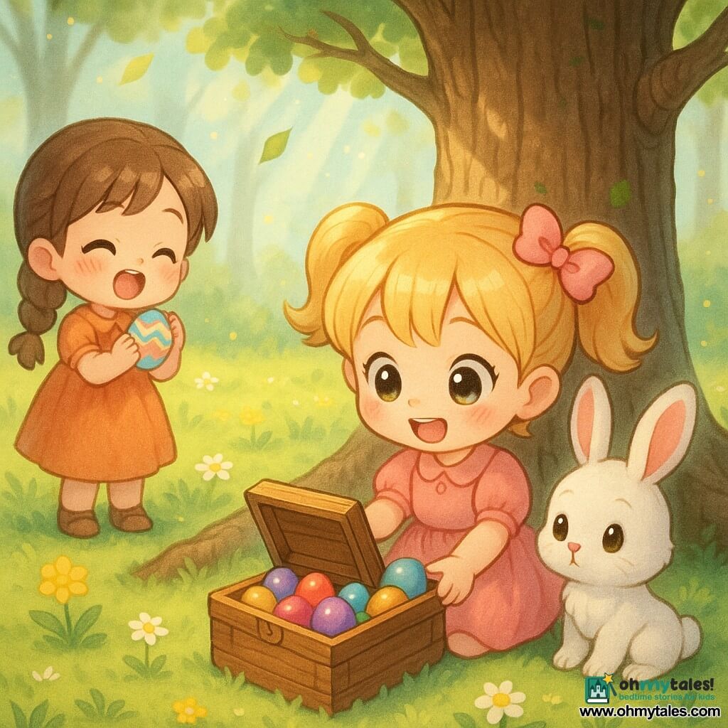 A 6-year-old girl with a round face, rosy cheeks, big bright eyes and blonde pigtails tied with a pink ribbon, smiling in wonder as she kneels before an old oak and opens a small wooden box of colorful chocolate eggs; a fluffy white rabbit with pink ears and hazel eyes sits on the oak root beside her; a 5-year-old girl with brown braided hair stands to the left holding a painted egg and clapping; sunlit forest clearing with green grass, yellow flowers and daisies, light rays through tall branches and falling leaves; main scene: discovery of an Easter treasure—open wooden box revealing colorful eggs and a small golden apple; chibi kawaii style, clean outlines, soft shading, pastel palette (yellow, pink, green, sky blue), varnished egg textures and carved wood, composition centered on the girl, the oak and the box.