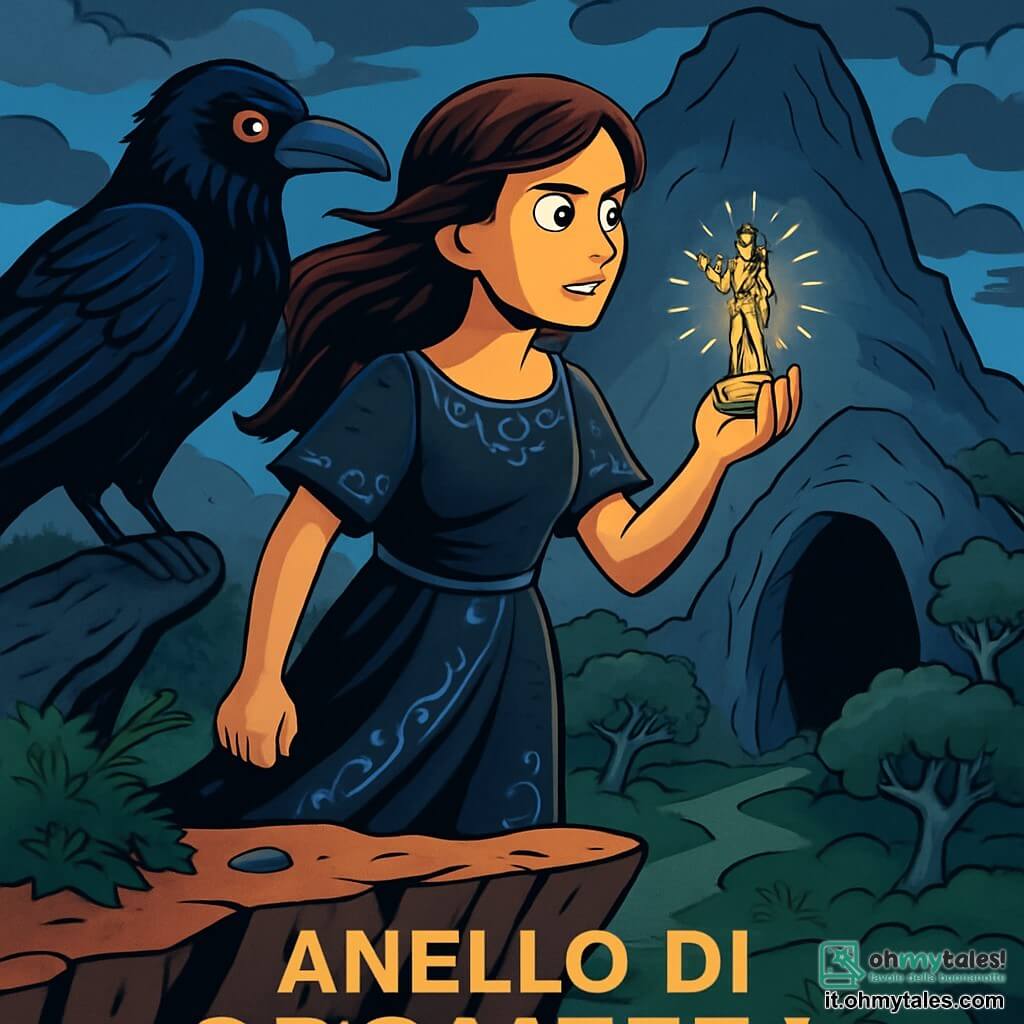 Una giovane donna, Cassandra, si trova sul bordo di una scogliera, i suoi capelli castani che fluttuano nel vento, il viso segnato dalla determinazione e dallo stupore. Indossa un abito scuro decorato con motivi argentati e tiene in mano una piccola statuetta della dea Atena, che brilla di una luce mistica. Accanto a lei, un corvo dagli occhi di fuoco, maestoso e misterioso, la osserva con un'intensità quasi umana, come se le rivelasse un antico segreto. Sullo sfondo, si erge la silhouette di una montagna imponente, avvolta in nuvole scure e minacciose, mentre una grotta spalancata, che sembra respirare oscurità, attende di essere esplorata. Il cielo è di un blu profondo, punteggiato di nuvole grigie, e il paesaggio è costellato di alberi contorti con foglie argentate, creando un'atmosfera magica e inquietante. Cassandra, con un mix di eccitazione e paura, si prepara ad affrontare l'ignoto, pronta a scoprire il potere nascosto dell'Anello di Prometea.