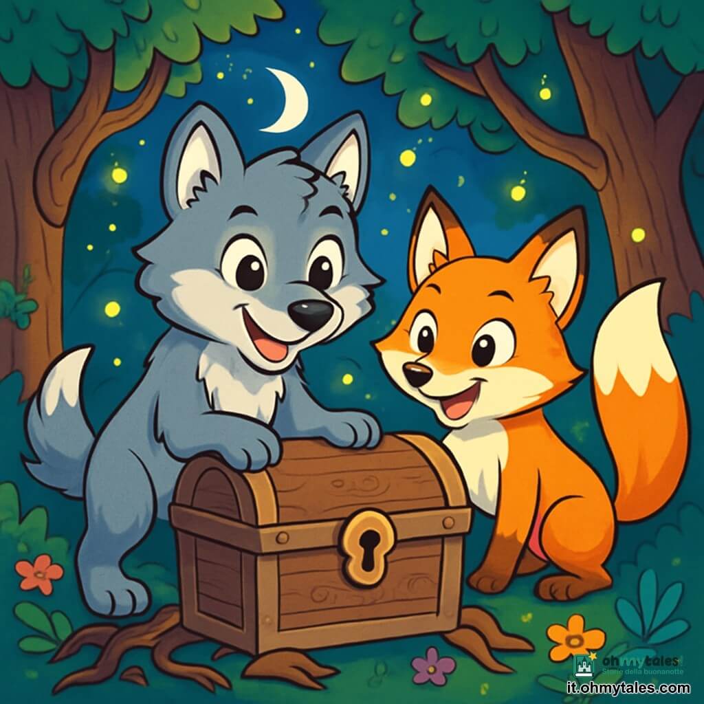 Un giovane lupo dal pelo grigio e setoso, con occhi brillanti di curiosità e un sorriso malizioso, si trova davanti a un vecchio baule di legno, con le zampe anteriori posate sul coperchio, pronto ad aprirlo. Accanto a lui, una volpe agile con pelo arancione vivo, occhi furbi e un'espressione di eccitazione, osserva il baule con impazienza, le orecchie tese. La scena si svolge in una foresta incantata, dove grandi alberi con tronchi nodosi si ergono verso il cielo, le loro foglie verdi brillano alla luce della luna, e le lucciole danzano intorno, creando un'atmosfera magica. Il baule, decorato con motivi antichi, è circondato da radici contorte e fiori colorati che aggiungono un tocco di mistero all'ambiente. L'atmosfera è carica di attesa mentre il lupo e la volpe si preparano a scoprire il tesoro nascosto, con i cuori che battono per l'eccitazione e l'avventura.