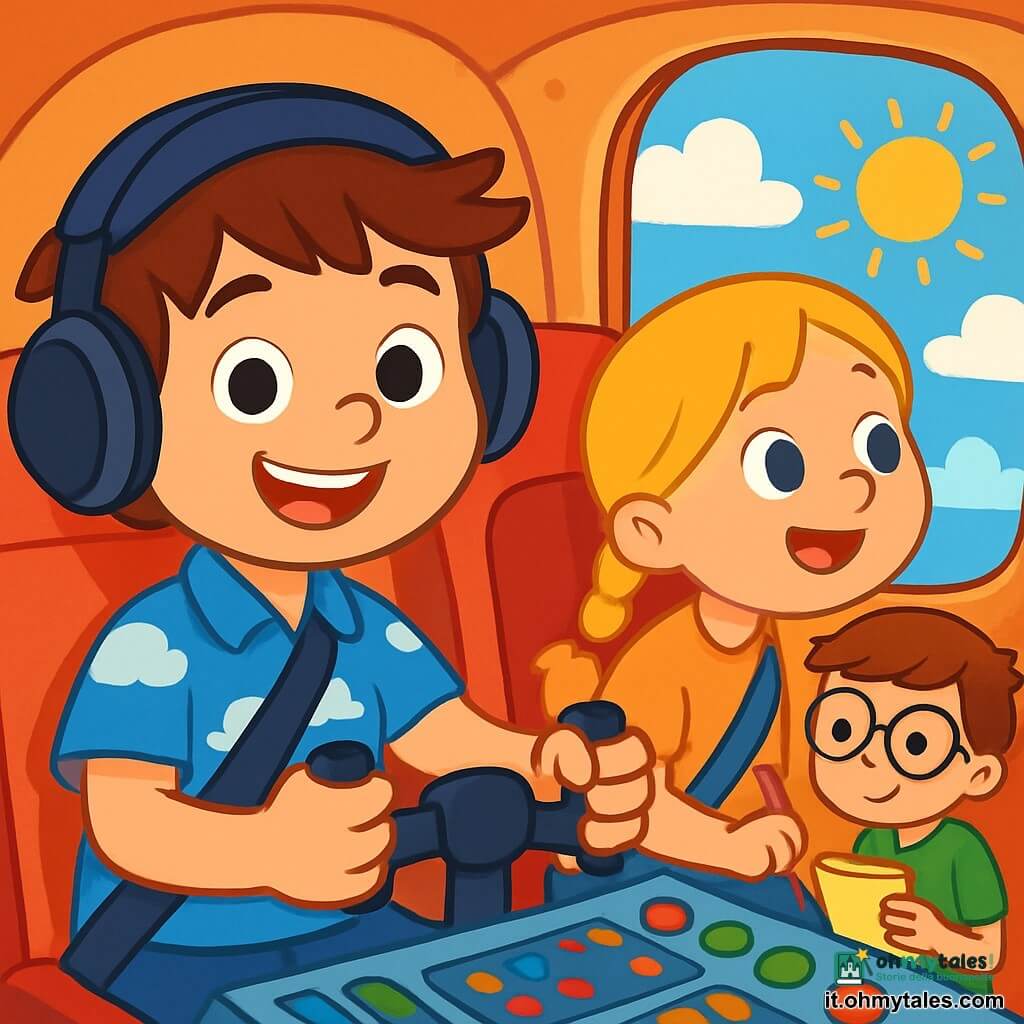 Mattia, un ragazzo di 8 anni, è un pilota sorridente con capelli castani disordinati e occhi scintillanti di eccitazione. Indossa una camicia blu con nuvole bianche e un casco da pilota, tenendo saldamente il volante del suo aereo. Accanto a lui, Anna, una ragazza di 7 anni con capelli biondi intrecciati, guarda meravigliata fuori dal finestrino, i suoi occhi brillano di gioia vedendo le nuvole. Luca, un ragazzo di 7 anni con occhiali e capelli castani, è seduto dietro di loro, con un piccolo taccuino in mano, preso a prendere appunti. L'interno dell'aereo è colorato e accogliente, con sedili comodi e pannelli di controllo pieni di pulsanti luminosi. All'esterno, il cielo è di un blu intenso, punteggiato di nuvole bianche e con il sole che splende intensamente, illuminando la scena. Mattia è al comando dell'aereo, pronto a decollare, con i suoi amici al suo fianco, tutti pieni di eccitazione e curiosità per la loro avventura nei cieli.