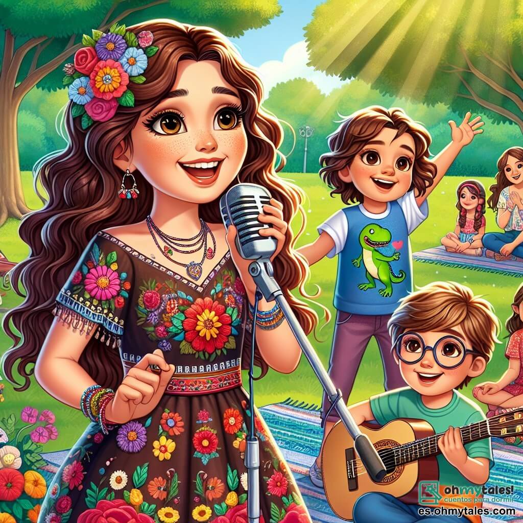 Una joven, Sofía, está en el centro de la imagen, con largos cabellos castaños ondulados y una sonrisa radiante, sosteniendo una guitarra acústica. Lleva un vestido colorido con motivos florales, y sus ojos brillan de emoción mientras canta con pasión. A su lado, un niño llamado Lucas, de unos 10 años, con gafas redondas y una camiseta de dinosaurio, la mira con admiración, listo para tomar el micrófono. Una niña de 9 años con trenzas doradas se encuentra justo detrás de él, con ojos brillantes de alegría, aplaudiendo al ritmo de la música. El escenario es un parque soleado, lleno de árboles verdes y flores brillantes, con un pequeño grupo de familias reunidas alrededor, sentadas en mantas, escuchando atentamente. La escena representa un concierto improvisado donde Sofía y los niños cantan juntos una canción alegre sobre la naturaleza, creando una atmósfera de felicidad y camaradería.