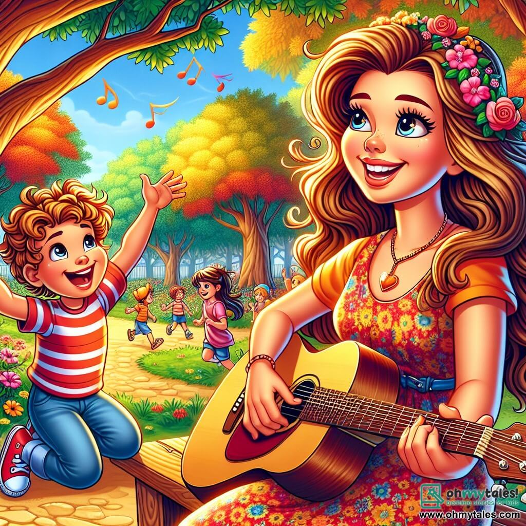 In a sunny park, a young woman named Melody, with long wavy hair and a colorful dress, sits on a wooden bench. She has a big smile, her eyes sparkling with joy as she plays her guitar, creating an upbeat melody. Next to her, a boy named Oliver, about 8 years old, with curly hair and a striped t-shirt, sits with excited eyes. He sings enthusiastically, arms raised, as if inviting all the children in the park to join them. The park is lush, with majestic trees, vibrant flowers dancing in the wind, and children playing joyfully around them. The scene captures Melody and Oliver sharing their new song, surrounded by laughter and happiness, creating a magical and festive atmosphere where music unites all the children in the park.