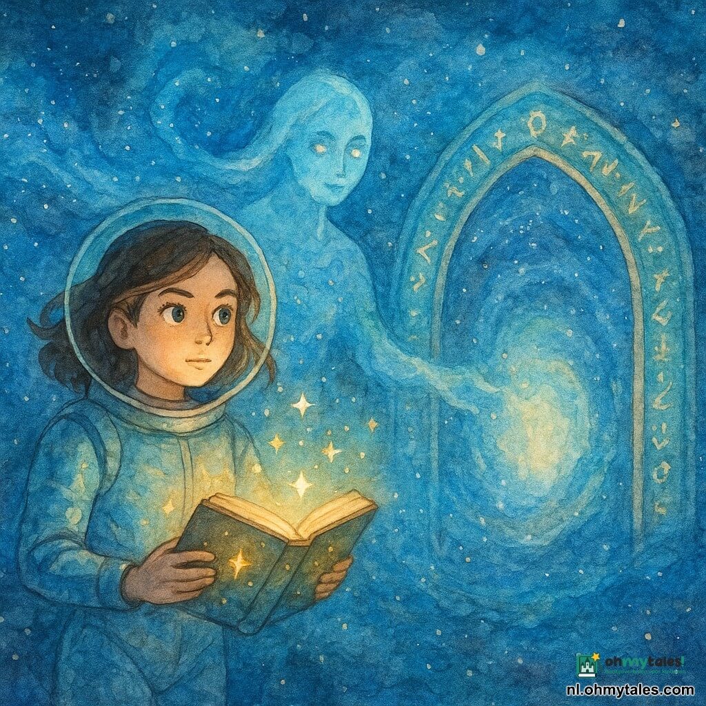 Een jonge vrouw, Mira, zweeft in de ruimte met een vastberaden en kalme blik. Ze draagt een zilverkleurig ruimtepak met blauwachtige tinten en haar ogen stralen een nieuwsgierige glans uit. Ze houdt een lichtgevend grimoire vast, met fonkelende sterren die om haar heen dansen. Naast haar verschijnt een etherische figuur, de Nebelbibliothecaris, als een wezen van licht en mist, sierlijk zwevend. Hij heeft een wijze en welwillende uitstraling, met ogen die lijken te bestaan uit kolkende sterrenstelsels. De achtergrond toont de majestueuze Saffiernevel, een schitterende nevel van blauw en zilver, met lichtspiralen en fonkelende sterren. In het midden opent een immense kosmische poort, versierd met lichtgevende runen, zich met een magische glans, en onthult een doorgang naar een andere dimensie. De scène vangt het moment waarop Mira, met de hulp van de Nebelbibliothecaris, de melodie van de kosmische poort herstelt, waarbij technologie en magie samenkomen in een ballet van licht en kleuren.
