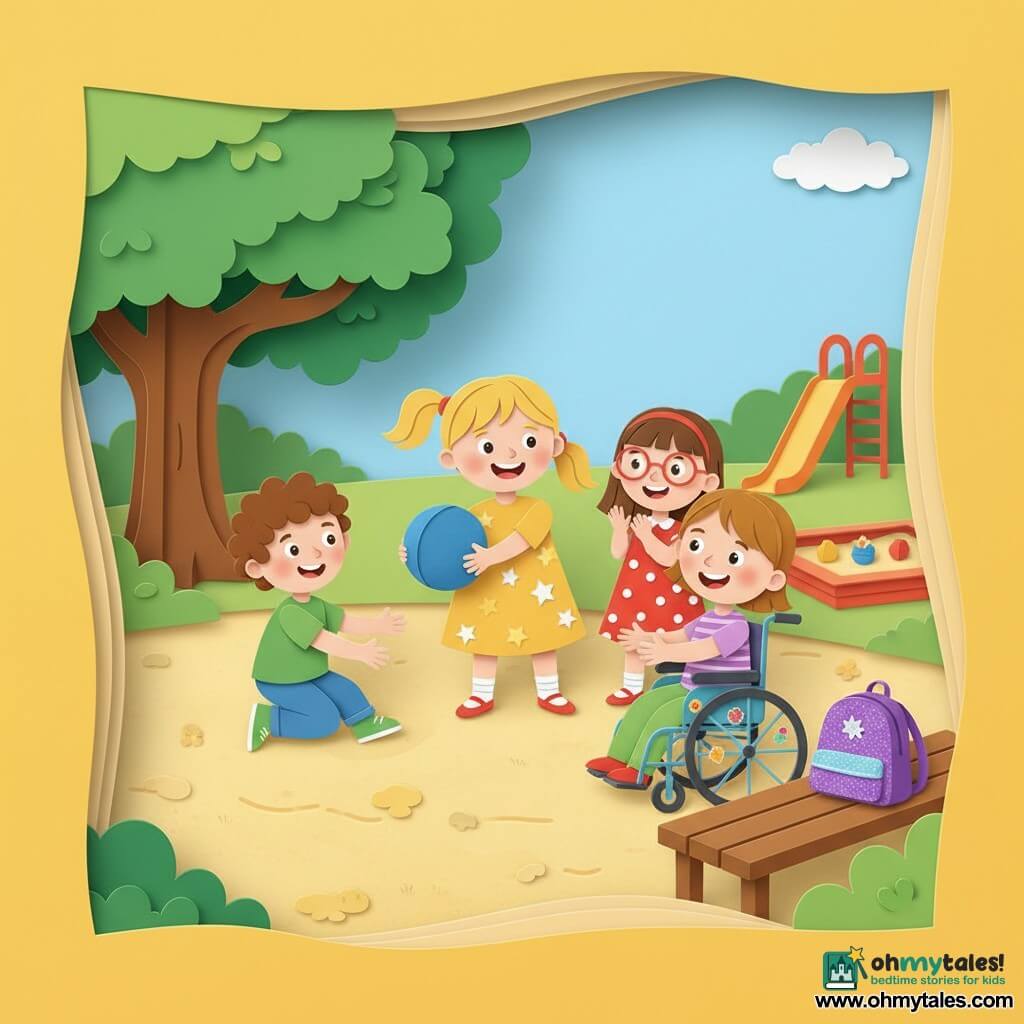 A radiant 4-year-old girl Sunny with blonde pigtails in a yellow starry dress holds a blue ball and reaches to roll it to her friend; about 5-year-old Max with curly brown hair in a green tee crouches a few steps away to catch it; 4-year-old Lily with round glasses in a red polka-dot dress stands beside Max clapping joyfully; 4-year-old Emma with light brown hair smiles from a colorful stickered wheelchair, ready to roll the ball toward Sunny; sunny playground with a large leafy tree, pale sandy ground, slide and sandpits in the background and a wooden bench with a sparkly purple backpack; warm, inclusive scene of children playing together with friendly gestures, shared smiles, bright colors and simple paper-cut shapes.