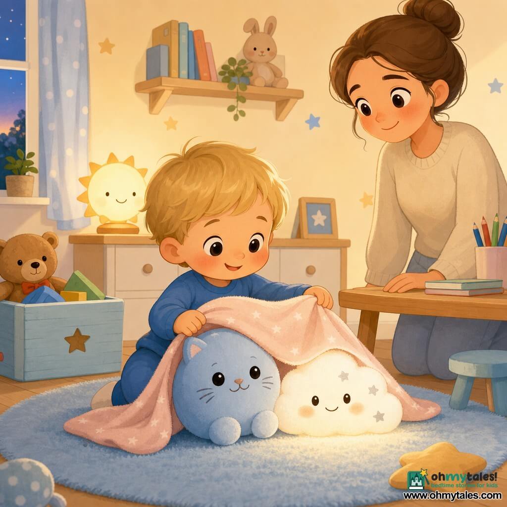 A 2-year-old boy with a round face, rosy cheeks, fine blond hair and big curious eyes sits on a soft light-blue rug holding a round blue plush cat with black embroidered eyes, smiling like a faithful friend; a fluffy white cloud toy with small gray embroidery lies nearby and glows faintly; a kindly mother in her 30s with brown hair in a bun stands by a low table to the right watching them; the bright nursery has cream walls, a light wood shelf, an open toy box, a sun lamp on a dresser, a round blue rug and star stickers on the wall; the boy tucks the toys in with a pale pink blanket in a warm, secure evening light, vivid pastel palette, clean vector style with simple rounded shapes and soft textures.