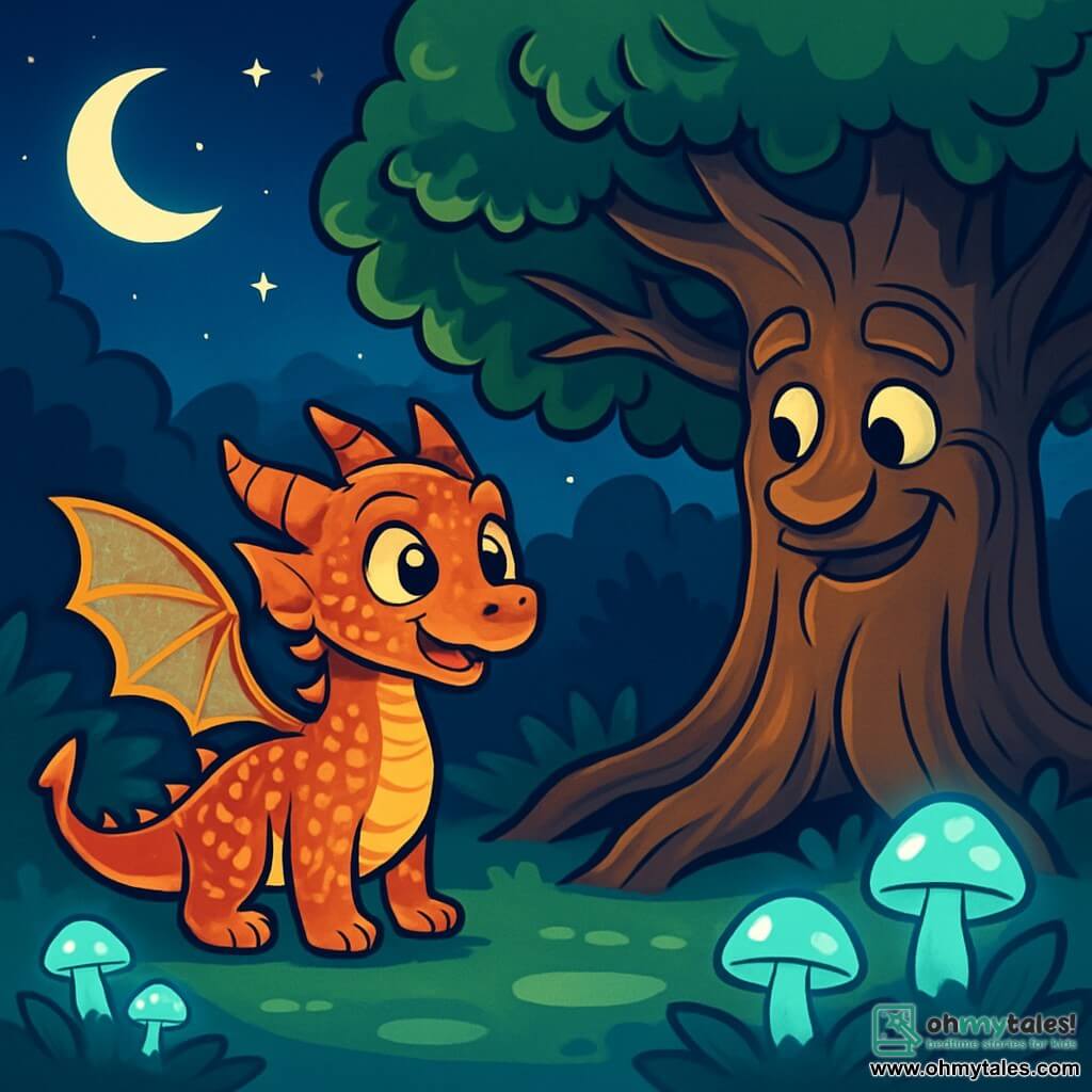 A young dragon named Ember, with scales shimmering like embers, stands in the center of an enchanted glade, his eyes bright with excitement and curiosity. He is small and delicate, with translucent wings that reflect golden hues in the moonlight. Beside him, a great ancient oak tree, with gnarled and leafy branches, seems to speak to him, its leaves gently rustling in the night breeze. The tree exudes a wise and protective aura, its roots winding around the ground like welcoming arms. The glade is bathed in silvery light, illuminated by softly pulsing luminescent mushrooms, creating a magical and mysterious atmosphere. Shadows dance around them, adding a touch of mystery to the scene. Ember is preparing to solve a riddle posed by the Guardian of the forest, the ancient tree, as twinkling stars shine in the night sky, marking the significance of this decisive moment.
