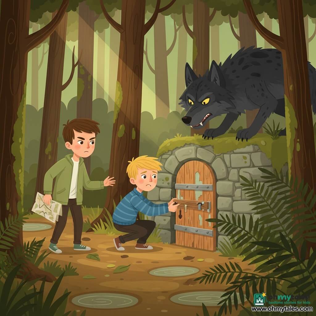 There are three characters: Tom, a serious-looking 9-year-old boy with short brown hair, a light green jacket and brown pants, standing left and holding a folded paper (the map) while looking determinedly toward the wall door; Ben, a nervous-smiling 9-year-old boy with messy blond hair and a blue striped sweater, crouched center by the low wooden door fastening its rusted latch with both hands; and the Big Bad Wolf, large with dark mottled gray fur, piercing yellow eyes and visible fangs, half-hidden behind ferns at right in a creeping, threatening posture fixed on the door and the boys. Setting: a forest path lined with trees with textured brown trunks and green moss, a lichen-covered stone wall with a small low wooden door (peeling paint, rusty latch), dead leaves and muddy puddles on the ground, soft twilight beams filtering through. Main situation: the boys hurriedly close the small wall door to block the wolf’s shortcut; a tense but not frightening scene with strong color contrasts (warm greens and browns for the forest, dark gray for the wolf), clear expressions of fear mixed with courage, centered composition on the locked door, simple silhouettes, clean outlines, flat textures and color blocks, and a dramatic yet child-friendly atmosphere.