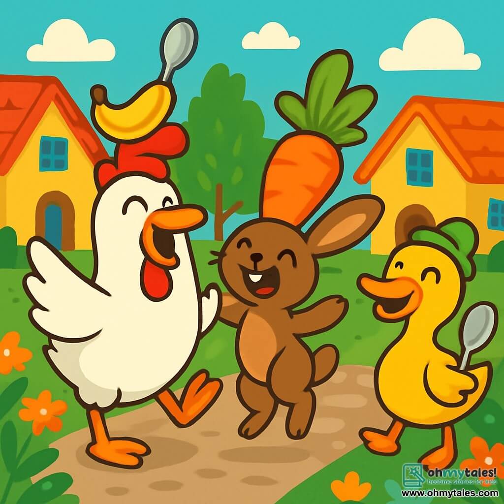 Clucky, a cheerful chicken with white feathers and a quirky hat made of a banana, a red sock, and a shiny spoon, dances with a big smile on her face. Next to her, Benny, a small rabbit with big ears and brown fur, wears a carrot-shaped hat and hops joyfully, laughing with Clucky. Daisy, a graceful duck with yellow feathers, holds a silver spoon and stands a bit back, smiling and ready to join the fun. The scene takes place in a charming village square surrounded by colorful houses with blooming gardens, where the animals gather for the grand silly hat parade. In the center, Clucky and her friends dance happily, their whimsical hats swaying back and forth as all the other animals cheer them on with laughter and applause.
