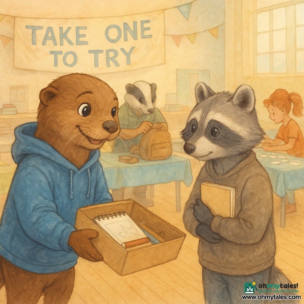 Milo, a young otter with warm attentive expression and glossy brown fur, round mischievous eyes, wearing an oversized blue hoodie, leans forward offering an open box containing a sketchbook and pencils; Nia, a young raccoon, reserved but relieved, gray-and-black facial markings, in simple worn clothes, stands beside him holding a new sketchbook to her chest with a half-smile; Bruno, a sturdy young badger in the background at the "repair corner," sleeves rolled, focused and smiling as he fixes a zipper on a backpack; Tessa, a lively squirrel with a ponytail, energetically labels supplies on a table. Scene: a converted school gym with shiny wood floors, long tables with colorful cloths, a recycled-paper banner reading TAKE ONE TO TRY, soft light from large windows, piles of books and folded clothes at the sides. Main moment: a quiet, dignified exchange of sharing—Milo offering useful items and Nia accepting—amid a busy but respectful atmosphere. Visuals: warm pastel palette, soft watercolor textures with white gel-pen highlights.