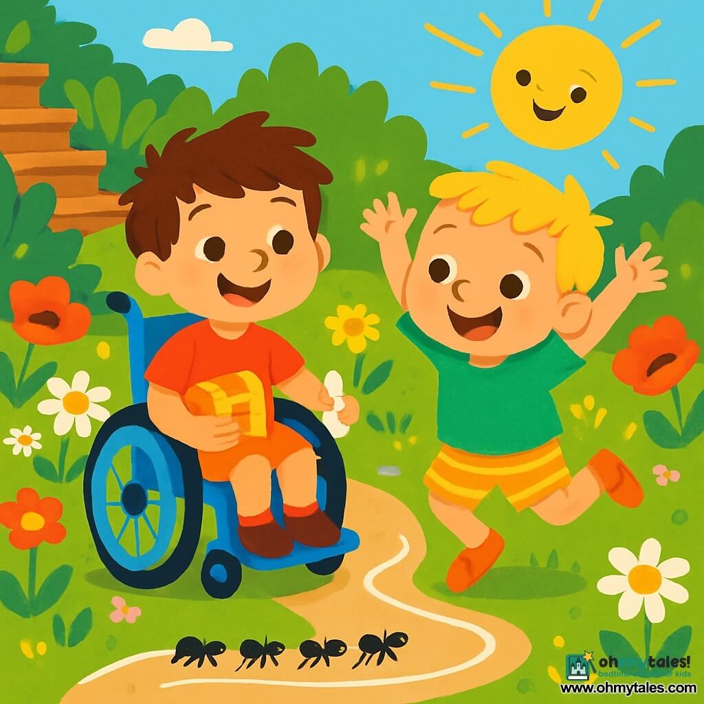 There are two main characters: Sam, a nearly 4-year-old boy with messy brown hair and a big smile, sitting in a shiny blue wheelchair, holding a small treasure box under his arm; and Ben, a nearly 4-year-old boy with blond hair and sparkling eyes, standing next to Sam, joyfully hopping like a frog, wearing a bright green t-shirt and striped shorts. The scene takes place in a colorful garden filled with vibrant flowers like white daisies and red poppies. A dirt path winds between the plants, and black ants march in a line on a small road drawn with white chalk. In the background, a wooden staircase creaks slightly, surrounded by green leaves and small pebbles. In this illustration, Sam and Ben are creating a road for the ants with white lines drawn on the ground, watching in wonder as the little creatures cross their creation, while the sun shines happily above them, casting soft shadows on the ground.