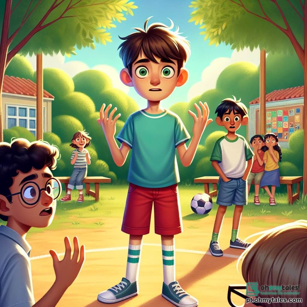 Um garoto de 12 anos, Miguel, está no centro da imagem, com cabelos castanhos bagunçados e olhos brilhantes de nervosismo. Ele usa uma camiseta azul e um short vermelho, com as mãos levantadas, como se tivesse revelado um segredo, exibindo uma expressão de ansiedade e alívio. À sua direita, seu amigo João, também de 12 anos, com cabelos pretos e óculos redondos, o observa surpreso, de braços cruzados, vestindo uma camiseta verde e jeans. À esquerda, Clara, a irmã de Miguel, uma menina de 8 anos com cabelos loiros e tranças, observa a cena com olhos arregalados, segurando um livro. A cena acontece em um pátio escolar ensolarado, cercado por grandes árvores com folhas verdes vibrantes e bancos de madeira. Colegas de classe jogam futebol ao fundo, enquanto um painel colorido na parede exibe desenhos de crianças. A situação principal mostra Miguel, cercado por seus amigos, confessando que mentiu sobre a quebra da janela da sala de aula, um momento de verdade que cria uma atmosfera de tensão e camaradagem, ilustrando a importância da honestidade.