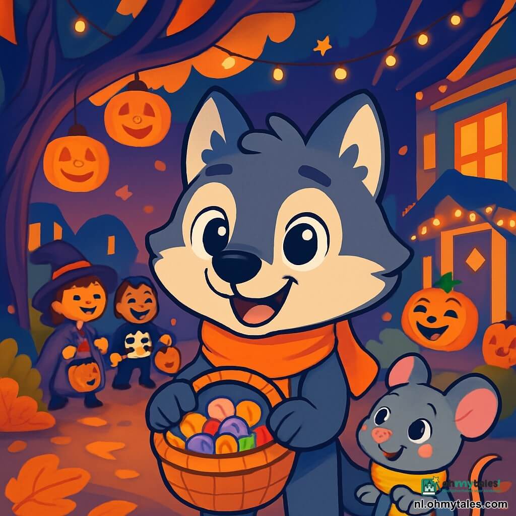 Een kleine wolf met glanzende ogen en een zachte vacht, die een oranje sjaal draagt, glimlacht enthousiast terwijl hij een klein mandje vol kleurrijke snoepjes vasthoudt. Naast hem kijkt een klein grijs muisje met een roze neus en sprankelende ogen, gewikkeld in een wollen sjaal, bewonderend naar de wolf, met opgewonden blozende wangen. De scène speelt zich af in een drukke Halloweenstraat, waar lantaarns in de vorm van pompoenen het pad verlichten en dansende schaduwen op de herfstbladeren werpen die onder de voeten knisperen. Op de achtergrond staat een grote boom met kromme takken, versierd met fonkelende lichtjes. De wolf en de muis delen snoepjes met verklede kinderen die voorbij lopen, lachend en verwonderd over de lichten en feestelijke versieringen. De sfeer is vrolijk en warm, vol lachen en stralende kleuren, die de magische geest van Halloween vastlegt.