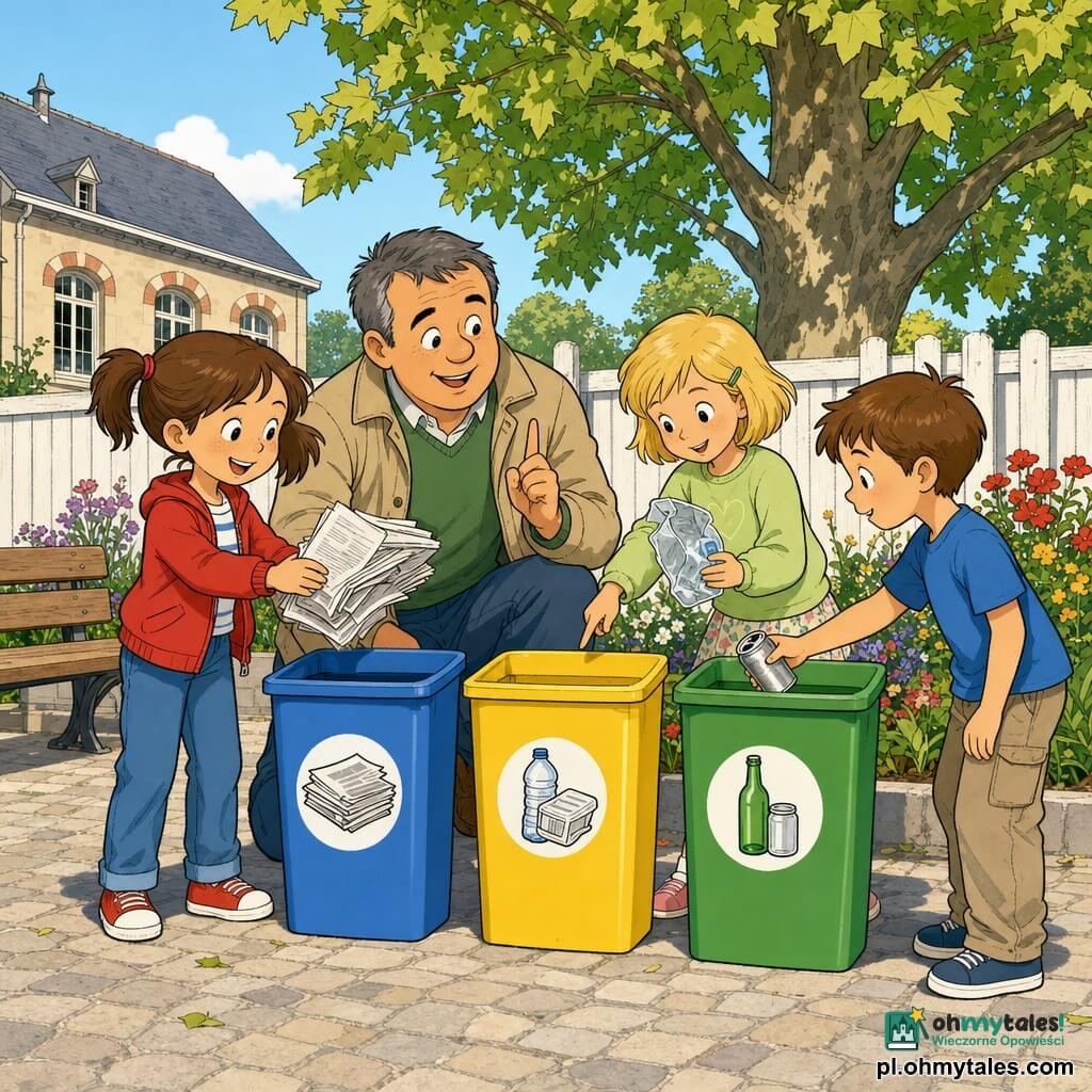 Są cztery postacie: Zosia (8 lat) z brązowymi kucykami, czerwoną kurtką i niebieskimi jeansami, uśmiechnięta, pokazuje niebieskiemu koszowi papier; Lena (8 lat) z krótkimi blond włosami, zieloną bluzą i kwiecistą spódniczką, wskazuje palcem żółty kosz i pokazuje Kubie plastikowe opakowanie; Pan Arek (~45 lat), szkolny dozór, klęczy za dziewczynkami, uśmiecha się i tłumaczy kolory koszy; Kuba (8 lat) w niebieskim t‑shircie, podaje pustą puszkę do żółtego kosza. Miejsce: jasne podwórko szkolne popołudniem, jasna kostka brukowa, drewniana ławka po lewej, duży platan w tle, biały płot, kwiaty przy koszach; trzy widoczne kosze ustawione obok siebie (niebieski, żółty, zielony) z ikonami papier/plastik/szkło. Scena: radosne, pedagogiczne nauczanie segregacji odpadów, wyraźne gesty i uśmiechy.