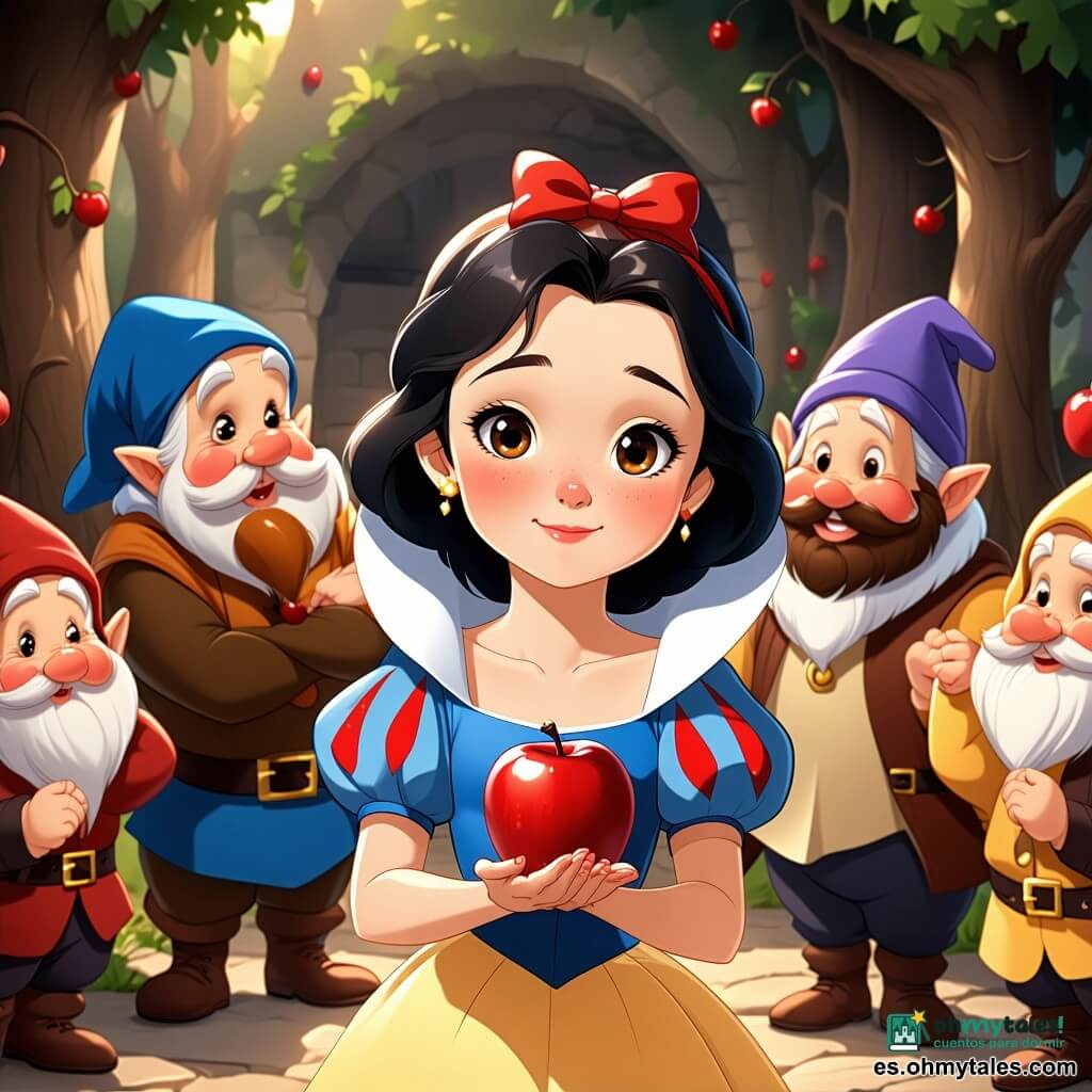 Blancanieves, una niña de unos 10 años, se encuentra en el centro de la escena. Tiene una piel de un blanco resplandeciente, labios rojos como cerezas y cabello negro como el ébano, que cae en suaves rizos sobre sus hombros. Su expresión es a la vez dulce y maravillada, y sus grandes ojos marrones brillan de curiosidad. Sostiene una manzana brillante en sus manos, mirando a su alrededor con ligera inquietud. A su lado, los siete enanitos la rodean. Gruñón, un pequeño hombre de cara ceñuda, cruza los brazos con un aire de desconfianza. Feliz, con una sonrisa radiante, baila alegremente a su lado, mientras que Sabio, el mayor, observa la escena con una expresión sabia y atenta. El decorado es un claro encantado, rodeado de majestuosos árboles de hojas verdes brillantes, y flores coloridas brotan a su alrededor. La luz del sol filtra a través de las ramas, creando un ambiente mágico y cálido. La situación principal muestra a Blancanieves, en medio de los enanitos, dudando en morder la manzana, mientras los enanitos intercambian miradas preocupadas, conscientes del peligro que podría ocultarse tras esta hermosa apariencia.