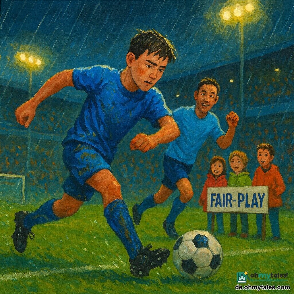 Ein Acrylgemälde: im Vordergrund ein junger Mann (ca. 18–22) mit nassen kurzen braunen Haaren und blauem Trikot, konzentriert und dann entschlossen, streckt das Bein zu einem präzisen Pass; dahinter ein älterer Mitspieler (ca. 28–32) mit hellem blauem Trikot lächelt ermutigend und läuft mit ausgestrecktem Arm, ein dritter Spieler (ca. 24–27) sprintet am Rand in Richtung Strafraum, bereit zu empfangen; an der Seitenlinie schauen staunende Kinder (8–10) in bunten Regenmänteln nahe einem Schild mit der Aufschrift FAIR-PLAY zu; bescheidener Nachtsportplatz mit regennassem, dunkelgrün glänzendem Rasen, Matschspuren, scharfen weißen Linien, unscharfen Zuschauern auf den Rängen, Bannern und Anzeigetafel; zentraler Moment: ein Spieler verzichtet auf persönlichen Ruhm zugunsten eines perfekten Passes, feiner Regen, Gras spritzt, eingefrorene dynamische Bewegung, kontrastreiche Farben, sichtbare Pinselstriche, dicke Texturen und dramatische Scheinwerferbeleuchtung schaffen eine warme, inspirierende Atmosphäre.