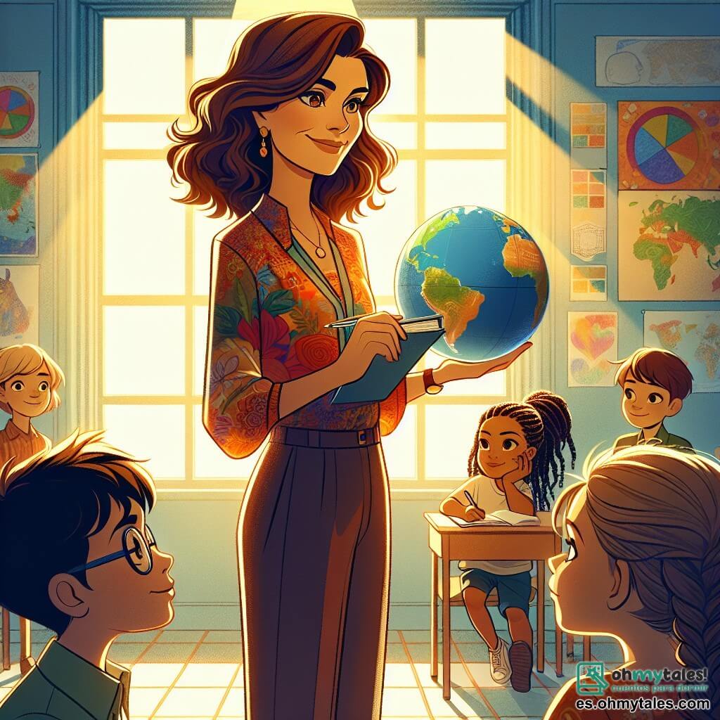 Una mujer diplomática, de unos treinta años, con cabello castaño ondulado y una sonrisa cálida, se encuentra en el centro de la imagen, sosteniendo un globo terráqueo en sus manos. Expresa serenidad y determinación, vestida con una blusa colorida y pantalones elegantes, rodeada de niños curiosos. A su derecha, un niño de 11 años, con gafas y cabello rubio desordenado, observa atentamente el globo, con los ojos brillantes de curiosidad. A su izquierda, una niña de 10 años, con trenzas y una camiseta estampada, toma notas en un pequeño cuaderno, mostrando una expresión concentrada. El escenario es un aula luminosa, con paredes decoradas con dibujos infantiles sobre la paz y mapas del mundo. Rayos de sol entran por las ventanas, iluminando el espacio. La diplomática comparte historias inspiradoras sobre la paz y la resolución de conflictos, mientras los niños la escuchan atentamente, cautivados por sus palabras y experiencias.