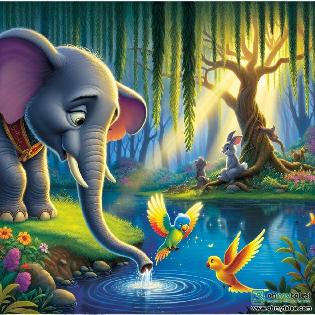 A majestic elephant named Ellsworth, with large delicate ears and a gentle yet determined gaze, stands by a dark river, his eyes shining with hope. He uses his trunk to touch the water, seeking to understand the source of the shadow over the forest. Beside him, Penelope the colorful parakeet flies around him, chirping encouragement, while Rufus the rabbit, with his soft fur and large ears, watches attentively from a rock, ready to help his friend. The setting is an enchanted clearing, where a large weeping willow with drooping branches stands at the center of a sparkling pool, surrounded by vibrant flowers and lush foliage, while rays of light pierce through the leaves, illuminating the scene with a soft golden glow. The main situation shows Ellsworth, determined to restore light to the forest, leaning towards the dark river, ready to uncover the secret hidden at the heart of this mysterious magic.