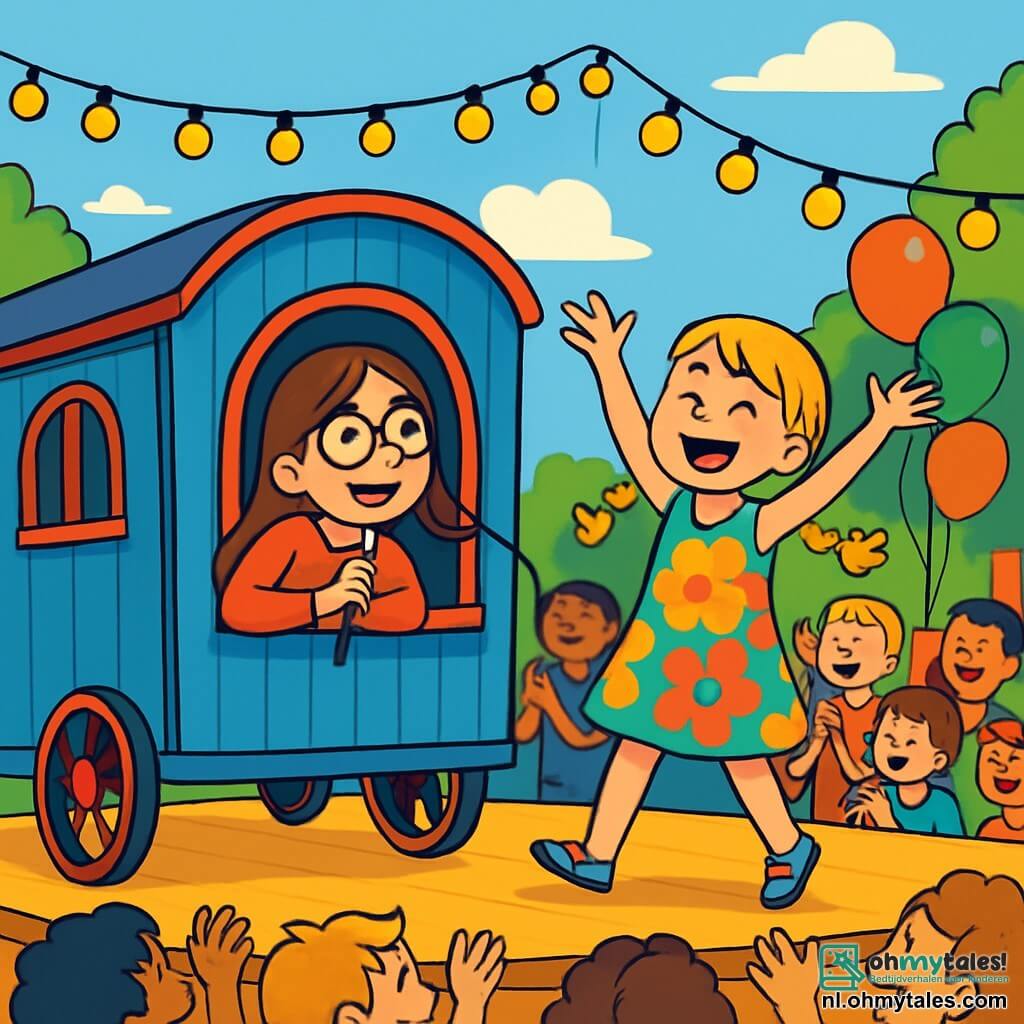 Er zijn 2 hoofdpersonages: - Emma: een 10-jarig meisje met lang bruin haar en ronde bril. Ze zit in een mooie blauwe caravan, glimlachend met een vastberaden uitdrukking op haar gezicht. - Noor: een 10-jarig meisje met gevlochten blond haar en een kleurrijke bloemenjurk. Ze staat naast Emma met haar armen in de lucht, vol enthousiasme en vreugde. De situatie speelt zich af op een podium voor een openluchtshow, versierd met glinsterende lichtslingers en kleurrijke ballonnen. Op de achtergrond is een glimlachende menigte van toeschouwers te zien, kinderen en ouders, die allemaal klappen met stralende gezichten van opwinding. De lucht is blauw met enkele pluizige witte wolken, en groene bomen omringen het podium, wat een feestelijke en vrolijke sfeer creëert. De hoofdscène van het verhaal toont Emma en Noor op het podium, zingend en dansend samen, hun gezichten verlicht door vreugde en adrenaline. De felle kleuren van hun kleding contrasteren met het kleurrijke decor, terwijl een golf van positieve energie uit hun optreden straalt en de aandacht van alle toeschouwers trekt.