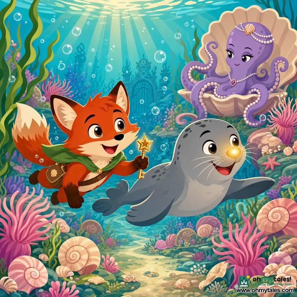 Fern is a small anthropomorphic fox with bright red fur and wide curious eyes, swimming gently while holding a small star-shaped key; Pippin is a playful young seal with pearly gray fur and a mischievous grin, floating beside Fern and guiding him with his glowing nose; Oona is an elegant lavender octopus with slim tentacles beaded with pearls, watching kindly from a shell in the background. They are in an underwater shell garden of pink-and-cream spiral shells, waving pink anemones, translucent bubbles, golden sunbeams, green seaweed and shell-covered stones. The friends have just found the first key in the shell field, creating a soft, luminous adventure atmosphere with a clear composition and detailed background.