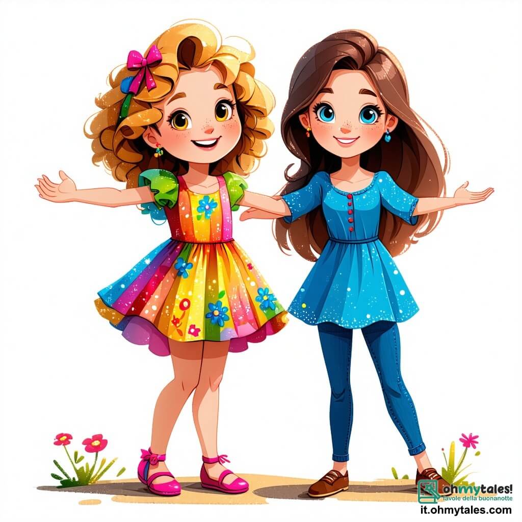 Ci sono due personaggi principali: 1. **Mia**, una ragazza di 10 anni con capelli ricci e dorati, che indossa un vestito colorato decorato con fiori. È piena di energia e sorride gioiosamente, in piedi a sinistra con le braccia aperte come se accogliesse il mondo. 2. **Sara**, una ragazza di 10 anni con capelli lunghi e lisci, castani, e occhi blu scintillanti. Indossa una tunica blu e un pantaloncino di jeans. Si trova a destra di Mia, con le mani sui fianchi e un'espressione determinata. La scena si svolge in un **giardino incantato**, pieno di fiori multicolori che danzano al vento. Al centro, un grande albero maestoso con foglie dorate si erge, con frutti brillanti che scintillano come stelle. Sullo sfondo, una porta di legno decorata con motivi floreali emerge da un cespuglio, rivelando una luce splendente. La situazione principale mostra **Mia e Sara che scoprono la porta magica** nel giardino. Si guardano con meraviglia, pronte a entrare in un mondo di sogni e avventure, mentre un coniglietto bianco, Bobo, le osserva con un sorriso benevolo, seduto su una pietra vicina.
