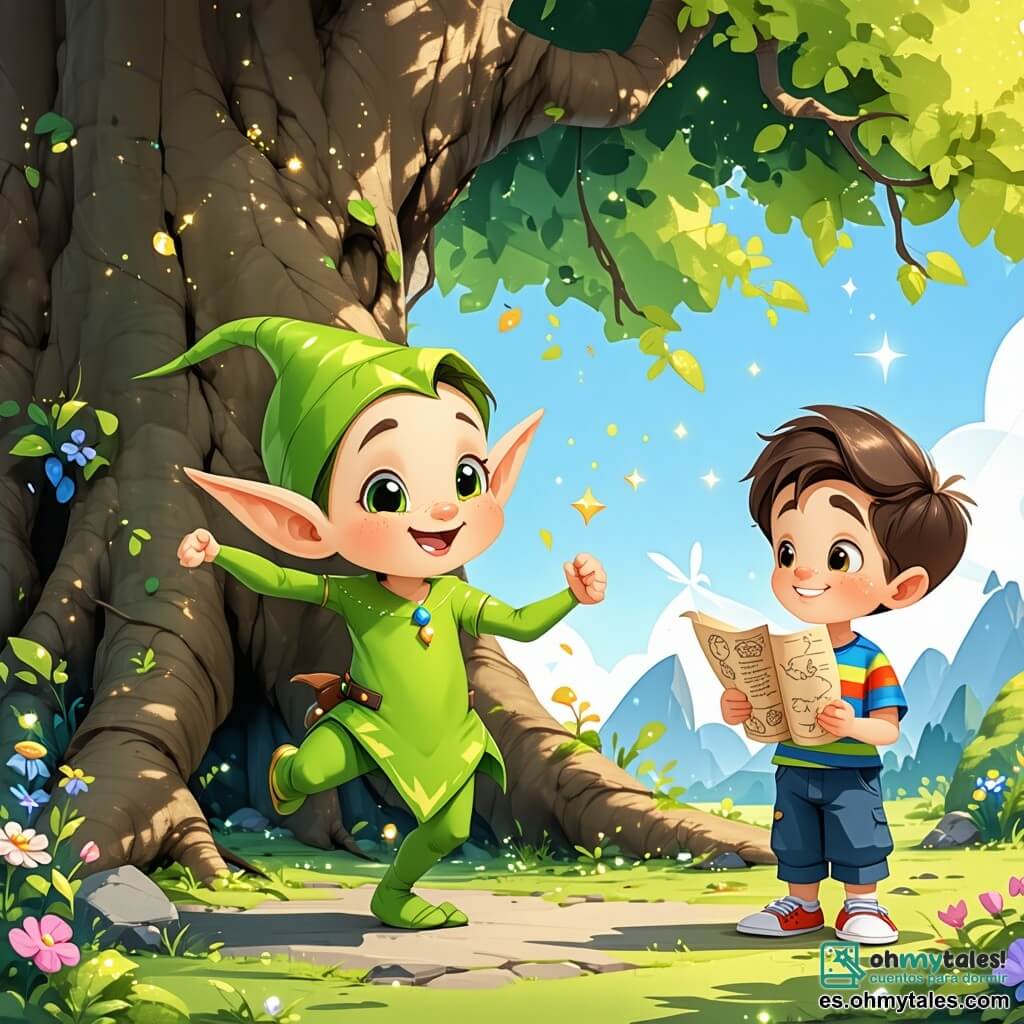 Un duende alegre, llamado Lilo, con un pequeño cuerpo verde, orejas puntiagudas y una gran sonrisa, está bailando bajo un majestuoso árbol. Sus ojos brillan de emoción mientras sostiene un pequeño rollo de papel brillante, su valiosa carta mágica. A su lado, un niño de 8 años, Tomás, con el cabello castaño desordenado y una camisa a rayas coloridas, mira a Lilo con asombro, listo para ayudarlo en su búsqueda. Se encuentran en un parque soleado, rodeados de flores brillantes y grandes árboles con hojas doradas que brillan bajo la luz. La escena principal muestra a Lilo y Tomás celebrando el descubrimiento de la carta mágica, listos para entrar en el mundo encantador del Bosque Encantado, donde la magia y la aventura les esperan.