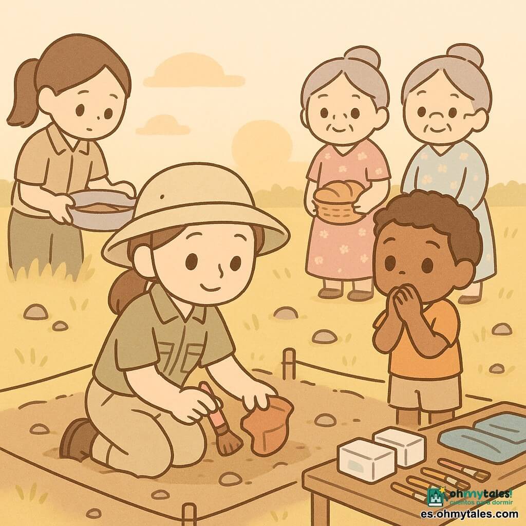 Mujer arqueóloga sonriente y serena, con sombrero beige de ala ancha y camisa caqui, arrodillada limpiando con un pequeño pincel rosa un fragmento de cerámica; a su lado el niño Nico de unos 8 años, pelo castaño y ojos maravillados, observando atento; una colega adulta con coleta tamiza tierra en un cedazo a la izquierda; dos ancianas con vestidos florales y moños grises, una con una cesta de pan, están al fondo a la derecha; lugar: campo de hierba dorada al atardecer con pequeñas piedras, el cuadrado de excavación delimitado por una cuerda, mesa de madera con cajas blancas, etiquetas coloridas y pinceles alineados, lonas azules plegadas; escena tranquila y cálida, gestos lentos y respetuosos, composición simple y tonos pastel.