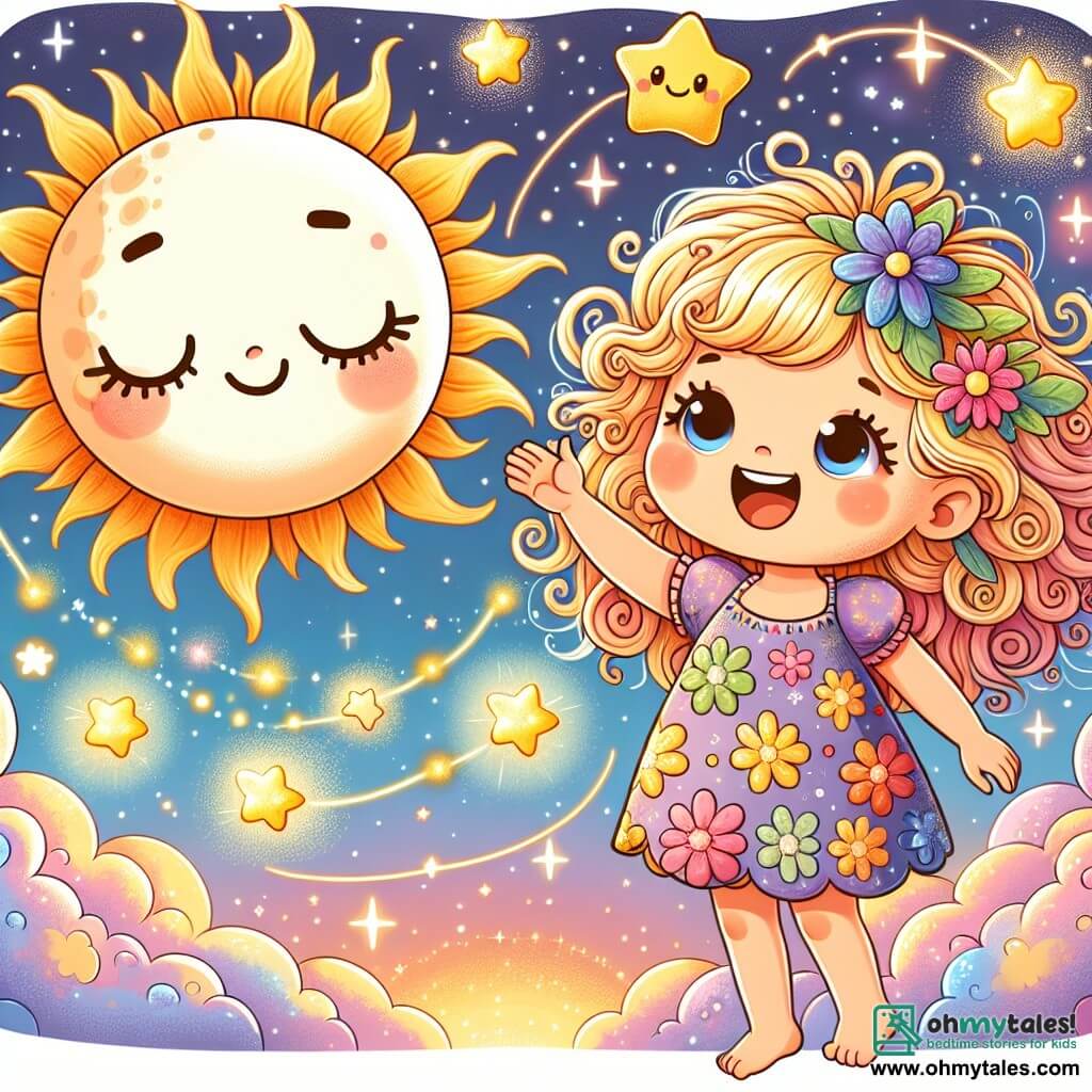 A 2-year-old girl named Lily, with curly golden hair like the sun, smiles in wonder. She wears a colorful floral dress and stands with her arms open, ready to take flight. Beside her, a smiling little star with sparkling eyes and thin arms floats in the air, illuminating the scene with its soft golden light. In the background, the moon, large and round, has a sad face with shimmering tears falling like shooting stars. It is surrounded by fluffy clouds and glowing fireflies dancing around it. The setting is a magical night sky filled with cottony clouds and pastel colors, where stars shine and a shimmering rainbow appears in the distance. The main scene shows Lily and the star gathering glowing fireflies to bring light to the sad moon, creating a joyful and hopeful atmosphere in this fairy-tale world.