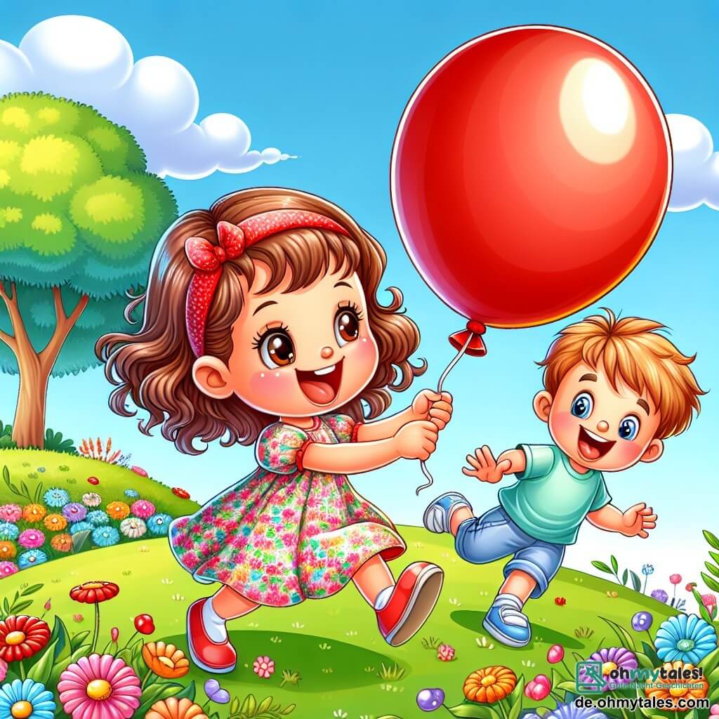 Ein 2-jähriges Mädchen mit großen, strahlenden Augen und lockigem, kastanienbraunem Haar lächelt fröhlich, während es einen großen roten Ballon hält. Sie trägt ein buntes Blumenkleid und steht dynamisch in der Mitte des Bildes, bereit zum Spielen. Neben ihr lacht ihr bester Freund Max, ein 3-jähriger Junge mit zerzausten blonden Haaren und einem blauen T-Shirt, während er die Arme hebt, als ob er den Ballon fangen möchte. Die Szenerie ist ein sonniger Garten mit bunten Blumen und grünem Gras, im Hintergrund steht ein großer Baum. Der Himmel ist blau mit einigen fluffigen weißen Wolken. Lina und Max spielen zusammen, der rote Ballon rollt fröhlich das Gras hinauf, während sie sich nach vorne lehnen, lachen und Spaß haben, was die Freude der Freundschaft zeigt.