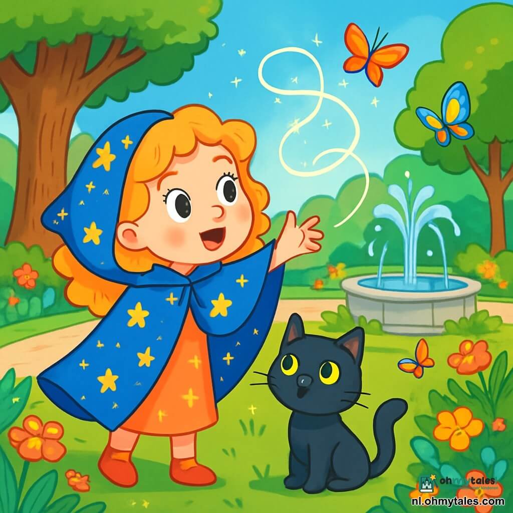 Luna, een klein meisje met krullend, goudkleurig haar, draagt een grote blauwe cape versierd met fonkelende sterren. Haar gezicht toont verwondering en nieuwsgierigheid terwijl ze haar hand uitsteekt naar een lichtdraad die in de lucht danst. Naast haar kijkt Pluis, haar kleine metgezel, een zwarte kat met glanzende ogen, aandachtig toe. Iets verderop glimlacht meester Bram, een oude man met een witte baard en een lange tovenaarsrobe, vriendelijk terwijl hij op een houten bank onder een grote eik zit. De plek is een betoverend park, vol kleurrijke bloemen en majestueuze bomen, met een fonkelende fontein in het midden waar het water in lichtflitsen omhoog spuit. De hoofdscène toont Luna die de magische draad ontdekt die de wonderlijke dingen van de wereld verbindt, terwijl vlinders met glanzende vleugels om haar heen vliegen, wat een feeërieke en vrolijke sfeer creëert.