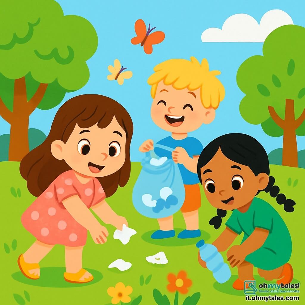 Una bambina di 4 anni, di nome Mia, con lunghi capelli castani e occhi pieni di curiosità, sorride felicemente mentre raccoglie rifiuti in un parco verdeggiante. Indossa un vestito rosa a pois e sandali gialli, e il suo viso esprime una gioia determinata. Accanto a lei, un ragazzo di 4 anni, Leo, con capelli biondi spettinati e una maglietta blu, tiene un sacchetto di plastica pieno di rifiuti, ridendo. Un'altra bambina, Sara, anch'essa di 4 anni, con capelli neri intrecciati e un vestito verde, si piega per raccogliere una bottiglia di plastica, mostrando un sorriso orgoglioso. Il parco è pieno di alberi maestosi con foglie verdi brillanti, fiori colorati e un cielo azzurro chiaro, con alcune nuvole bianche e soffici che fluttuano dolcemente. La scena emana un'atmosfera di amicizia e gioia, mentre i bambini si uniscono per pulire il loro ambiente. Sullo sfondo, farfalle colorate volano intorno a loro, aggiungendo un tocco magico a questa bella giornata di pulizia.