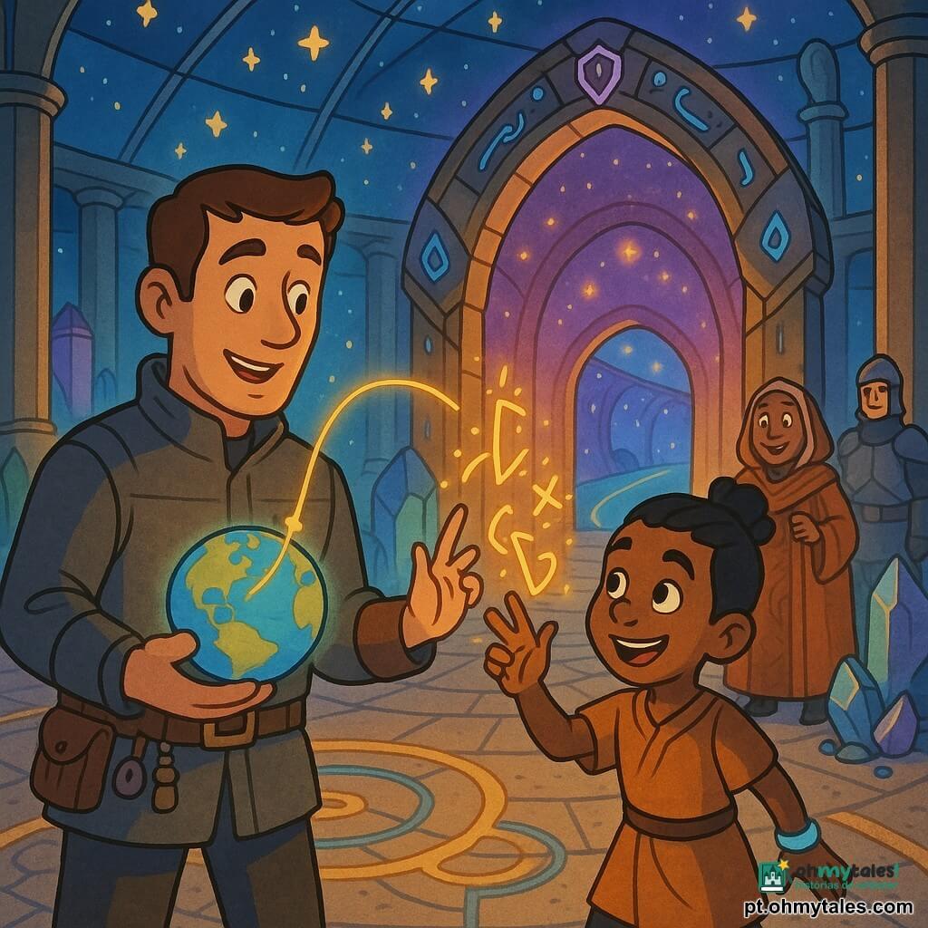 Homem adulto (Duarte) determinado e maravilhado, cabelo curto castanho, jaqueta aço com talismãs no cinto, segura um globo luminoso flutuante (Mapa Vivo) que projeta uma linha de luz; menino (Kiro), ~12 anos, curioso e orgulhoso, cabelo preto preso em coque, túnica curta com bracelete luminoso, traça runas douradas no ar; mulher idosa (Anciã Maela), ~60 anos, vestido cobre com gravuras rituais, gentil e surpresa, observa ao fundo junto a um guarda; local: grande praça circular pavimentada com circuitos rúnicos azuis e dourados, colunas metálicas e cristais, teto de vidro com estrelas passando lentamente; ao centro um grande arco rúnico de metal e cristal pulsando luz violeta e dourada; cena: Duarte e Kiro ativam o arco para abrir uma passarela luminosa entre mundos projetada pelo Mapa Vivo em direção ao Corredor das Docas, atmosfera de tensão alegre com poeira estelar e faíscas; estilo: cores vivas, traços nítidos e contornos suaves, expressões calorosas e ligeiramente exageradas, luz brilhante nos cristais, ambientação space-fantasy acolhedora.