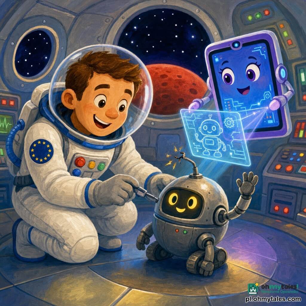 Uśmiechnięty astronauta o okrągłej twarzy i krótkich brązowych włosach pod przezroczystym hełmem naprawia małego świecącego robota; po prawej unosi się Lila — uśmiechnięta tabletka w fioletowo-niebieskich barwach, projektująca świetlne schematy; przed mężczyzną stoi szary, okrągły robot z migającymi żółtymi oczami i połamanym anteną, machający ramieniem na znak wdzięczności. Wnętrze małej stacji kosmicznej: miękkie metalowe ściany, panele z migającymi czerwonymi i zielonymi światłami, okrągłe okna z widokiem na gwiaździste niebo i czerwoną planetę. Scena pokazuje naprawę i współpracę, ciepła atmosfera, żywe kolory, zaokrąglone kształty i prosty, czytelny układ dla dzieci.