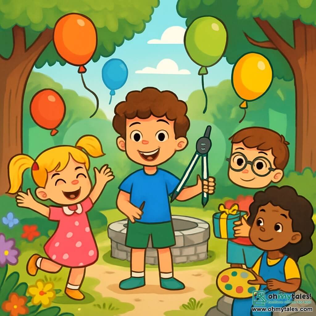 There are 4 characters: Oliver, an 8-year-old boy with curly brown hair, wearing a blue t-shirt and green shorts, smiling and holding a nice compass in his hand, standing in the center of the image, radiating joy. Lily, an 8-year-old girl with long blonde hair in two pigtails, dressed in a pink polka dot dress, jumps with excitement next to Oliver, her eyes sparkling. Max, an 8-year-old boy with short brown hair, wearing round glasses and a red t-shirt, holds a small gift in his hands and stands slightly back, smiling proudly. Emma, an 8-year-old girl with curly black hair, wearing blue overalls and a yellow t-shirt, sits on a stone holding a paint palette, observing the scene with a gentle smile. The setting takes place in an enchanted clearing in the heart of the forest, surrounded by majestic trees with emerald green leaves and a sparkling stone well under the sun. Colorful flowers in bright shades of purple, red, and yellow line the path, with rays of light filtering through the branches, creating a magical atmosphere. The main situation shows Oliver and his friends celebrating his surprise birthday, surrounded by colorful balloons floating in the air, as they laugh and enjoy together, their faces illuminated by joy and friendship.
