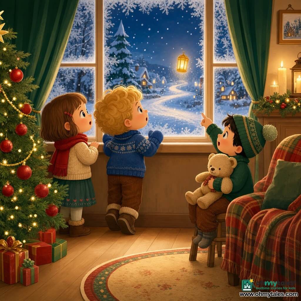 Three 3-year-olds: Mia (brown bob, red scarf) stands left by the frosted window with a hand on the sill, eyes wide; Leo (curly blond hair, blue mittens) stands center on tiptoe, mouth ajar; Sam (black hair, green pompom hat) sits right on a small stool holding a beige teddy and pointing at a glowing golden lantern floating just outside on the snowy path. They’re crowded together inside a cozy Christmas living room—warm candlelight, a decorated tree with red baubles and gold garlands, green velvet curtains drawn aside, light wood floor and a plaid blanket on the couch—interior warm tones contrasting with the pale blue, snowy exterior, all watching the lantern with wonder.