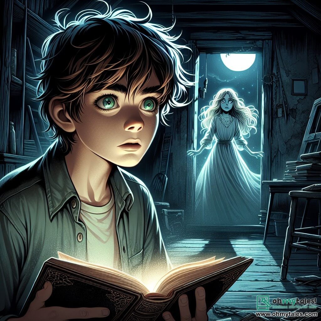 A 12-year-old boy, Oliver, with messy brown hair and sparkling green eyes full of excitement, stands in the center of a dark, dusty room. His face shows a mix of wonder and fear as he holds an ancient book in his trembling hands. Beside him is the ethereal figure of a small girl, Eliza, around 8 years old, with long flowing blonde hair and a white dress that seems to glow slightly in the darkness, watching him with a hopeful gaze. She is slightly in the background, surrounded by a soft light that contrasts with the surrounding gloom. The place is an old abandoned house, with worn wooden walls and cobwebs in the corners of the windows. Moonlight filters through the broken panes, casting eerie shadows on the creaking wooden floor. The main situation shows Oliver discovering the mysterious book, while Eliza, her spirit trapped, asks for his help to free her from the shadows surrounding her. The atmosphere is both intriguing and slightly frightening, with elements of mystery and adventure.