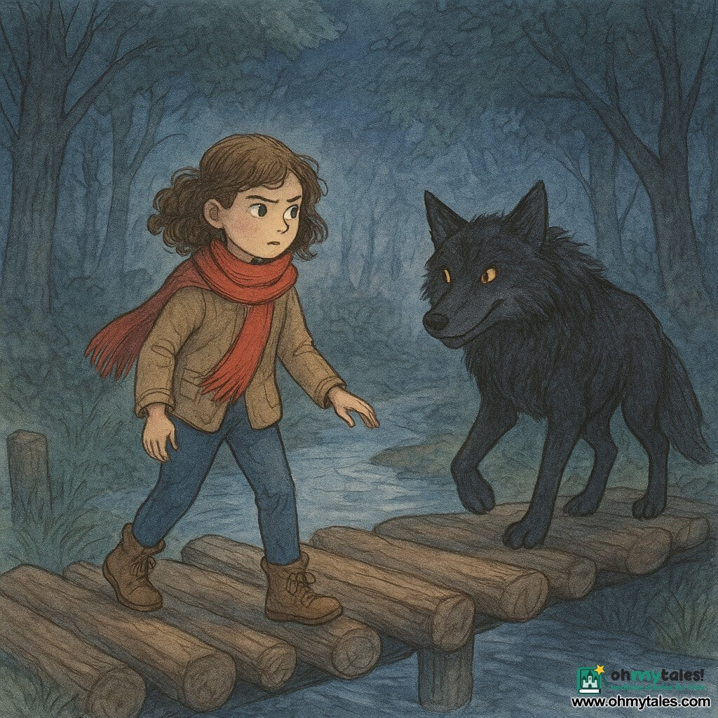 A 10-year-old girl, Mara, with curly brown hair and a determined look, wears a bright red scarf around her neck, cautiously walking on an old log bridge over a silvery river. A large wolf, with fur as dark as night and bright eyes, stands on the bridge, pressing a paw on a log to stabilize it, watching Mara with an enigmatic smile. The bridge is surrounded by a dense forest with tall, dark trees, their leaves softly whispering in the wind. The scene unfolds in dim light, as dusk begins to paint the sky in shades of blue and purple, creating an atmosphere both mysterious and magical.