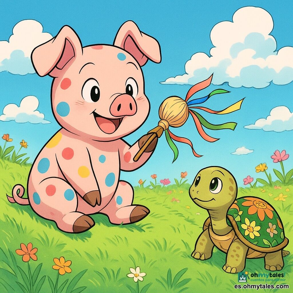 Un cerdo llamado Tito, con manchas de colores en su piel rosada, está sentado en una colina verde, luciendo alegre y curioso. Sostiene una pequeña bola de paja atada con cintas de colores, lista para ser lanzada al viento. A su lado, la tortuga Pimpinela, con su caparazón adornado con motivos florales, observa lentamente, con ojos chispeantes de picardía. Detrás de Tito, se extiende la pradera de Sonrisales, con hierbas ondulantes y flores multicolores que bailan bajo la brisa. El cielo es azul claro, salpicado de nubes algodonosas que parecen flotar suavemente. La escena captura el momento en que Tito se dispone a enviar su mensaje secreto al viento, rodeado de sus amigos, en un paisaje vibrante y encantador.